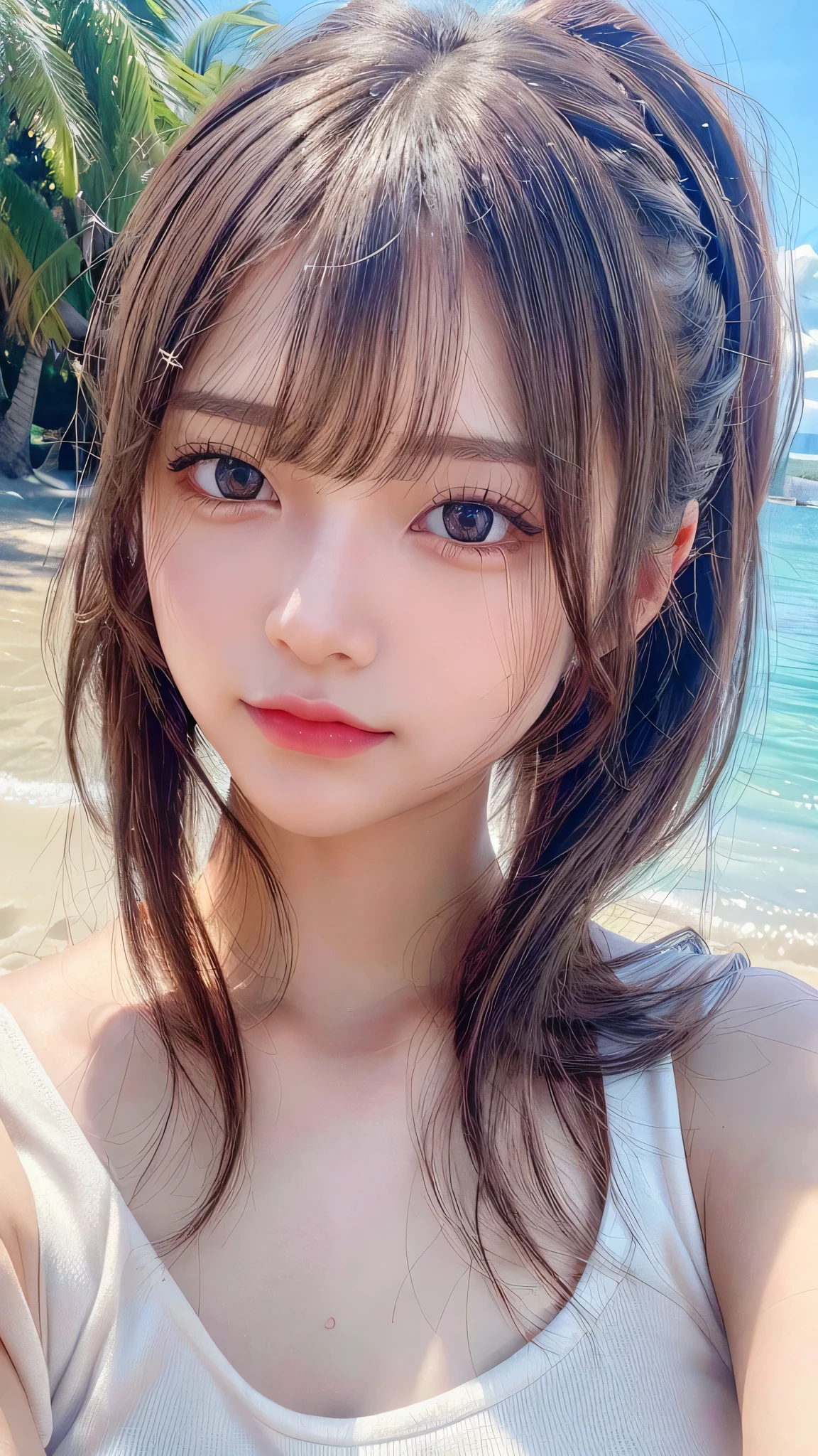 Beach,resort,Sexy White Bikini,Blushing,Facing forward,Close-up of face,Small breasts,,Long hair ponytail,((8K, Raw photo, Best Quality, Mastepiece:1.2), (Realism, Photorealistic:1.4), (Highly detailed 8K wallpapers), Depth of written boundary, Cinematic Lighting, Soft Light, Detailed Beauty Eye,Shiny and smooth light brown ponytail, Asymmetrical bangs, Shiny skin, Ultra-detailed skins ,It is high resolution., High detail, Detailed hairstyle, Detailed facial beauty, Hyper-realistic, Perfect limbs, Perfect Anatomy ,1 Japanese girl,Famous Japanese Idols, Perfect female body,A shy smile,Short eyelashes,Double-edged eyelids,Look straight here,Hair style: ponytail,Close-up of face