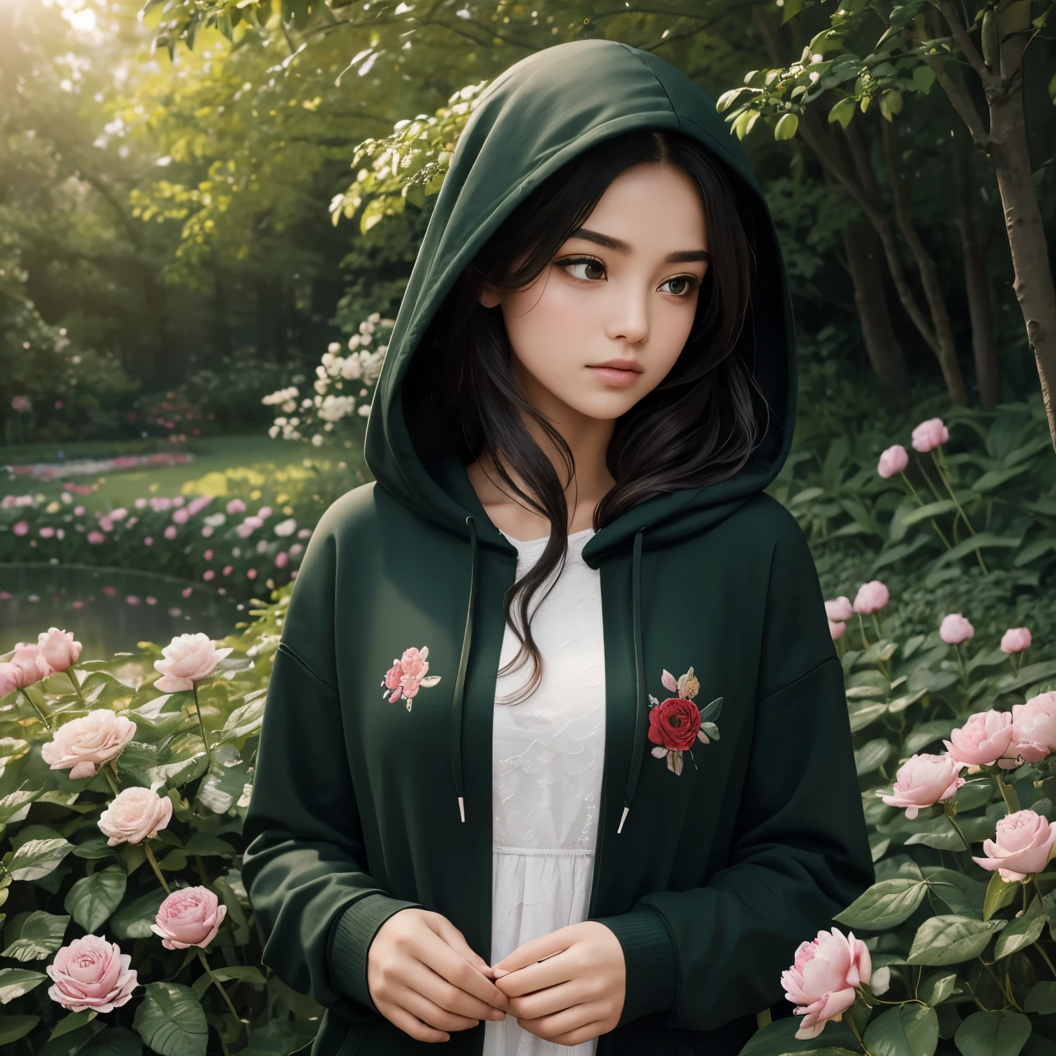 (best quality,4k,8k,highres,masterpiece:1.2),ultra-detailed,(realistic,photorealistic,photo-realistic:1.37),portrait,beautiful,emotive,soft lighting,realistic colors,A girl wearing a hoodie with the name Shirat printed on the front of the hoodie ,holding a flower,thin cotton fabric,subtle texture,detailed stitches on the hoodie,hoodie in black color,flower in red color,loose fitting,comfortable,hoodie covers girl's head,hoodie sleeves cover girl's hands,hoodie has a front pocket,delicate fabric folds,hoodie's name "Shirat" embroidered in elegant font,fine threadwork,flower petals in soft curve shape,delicate and natural looking,slightly raised petals,stem of the flower in deep green color,thin,graceful stem,visible texture on the stem,girl's face visible from the hoodie,beautiful detailed eyes,beautiful detailed lips,extremely detailed eyes and face,long eyelashes,calm expression,on a sunny day,in a garden with blooming flowers and lush greenery,soft sunlight casting gentle shadows,grass and leaves in various shades of green,peonies,roses,tulips blooming around the girl,subtle fragrance of flowers in the air,butterflies flying freely,colorful and delicate wings,trees providing shade and coolness,birds chirping in the background,a peaceful and serene atmosphere,medium:oil painting,high contrast,rich texture,vivid colors,subtle brushstrokes,painterly effect,on a canvas with visible texture,impressionistic style,hint of abstraction.