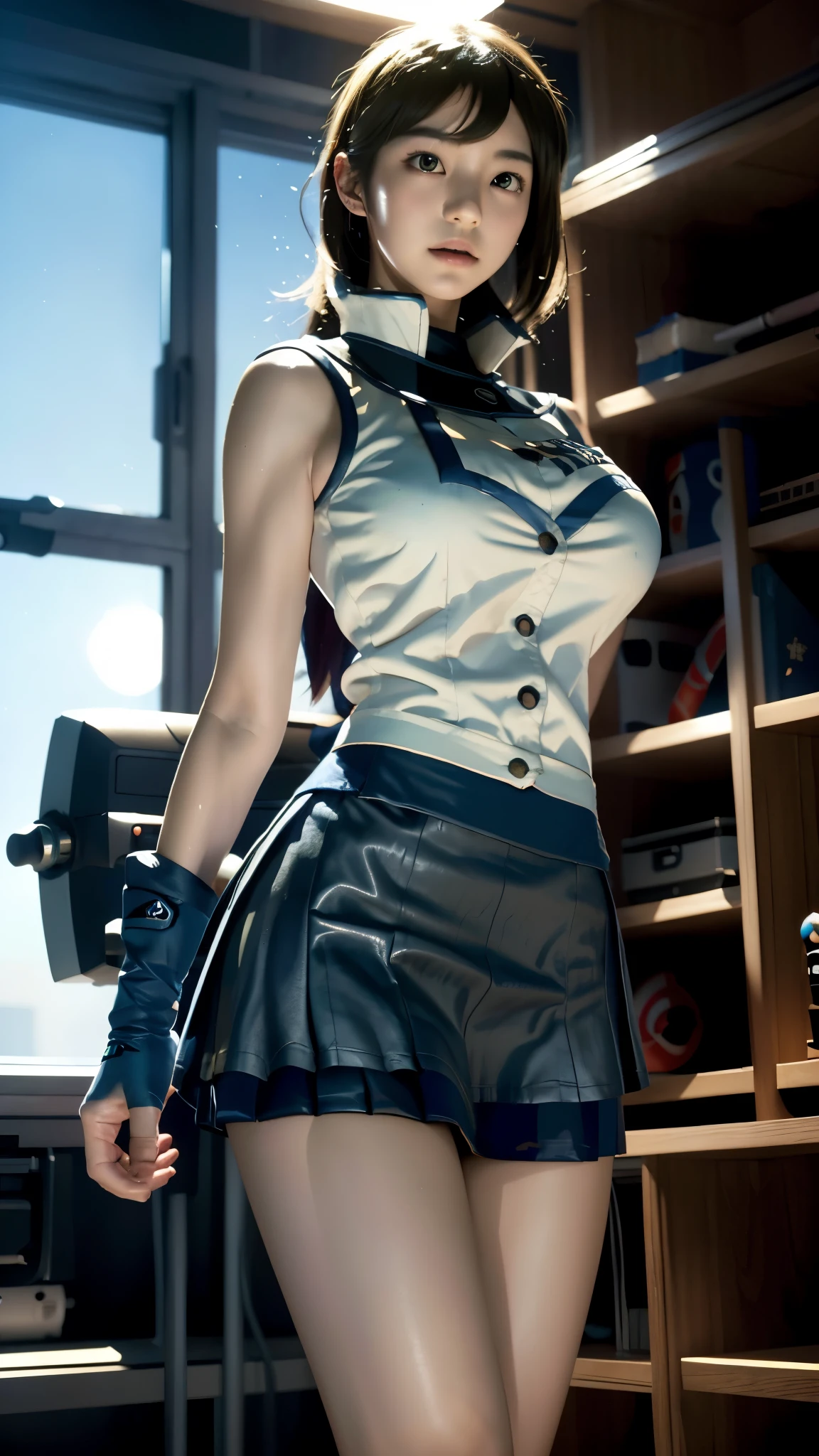 (School girl: 1.0), (Japanese, 15 years old: 1.3), 1 girl, large breast:1.2, slim waist:1.3, ((Detailed: 1.4)), 3D, ((Beautiful uniform and mini skirt: 1.3)), (High dynamic range: 1.2), ray tracing: 1.0, NVIDIA RTX: 1.1, Super resolution: 1.0, Unreal 5: 1.1, Scattered beneath the surface: 1.1, (PBR texturing: 1.2), post processing: 1.0, Anis