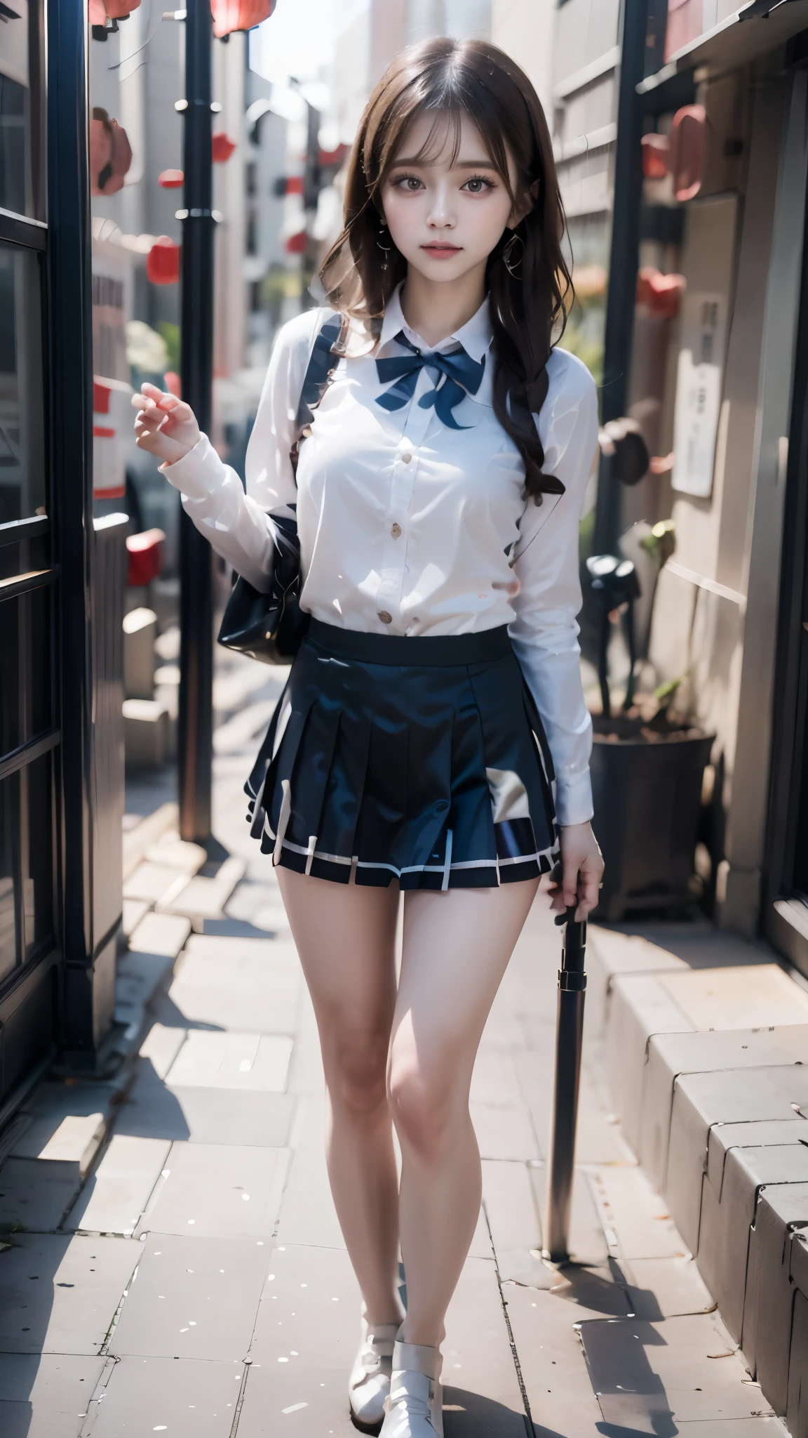 Masterpiece, best quality, photography, detailed skin, realistic, photo-realistic, 8k, highly detailed, full length frame, High detail RAW color art, diffused soft lighting, shallow depth of field, sharp focus, hyperrealism, cinematic lighting,
High school girl in a beautifully makeup, smokey eyeshadow, beautiful big eyes, long eye lashes,
(School girl: 1.0), (Japanese, 18 years old: 1.3), 1 girl, large breast:1.8, slim waist:1.7, ((Detailed: 1.4)), 3D, ((Beautiful uniform and mini skirt: 1.3)), (High dynamic range: 1.2), ray tracing: 1.0, NVIDIA RTX: 1.1, Super resolution: 1.0, Unreal 5: 1.1