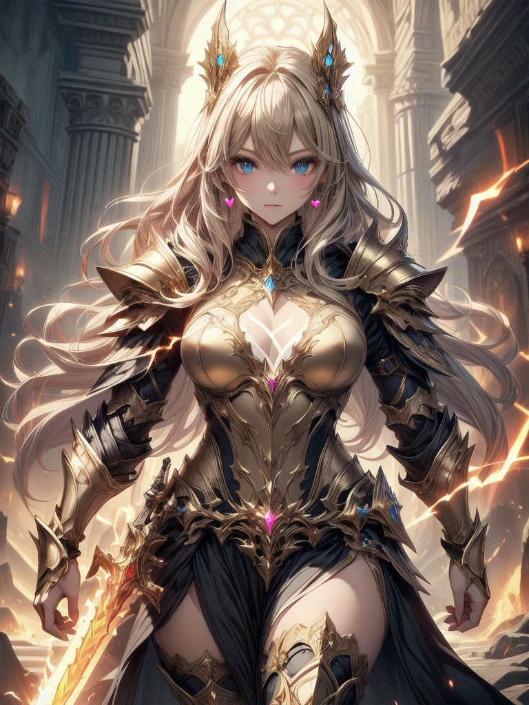 super realistic image, high quality uhd 8K, of (1 god girl, Hilyn), detailed realistic ((athletic body, high detailed)), ((tall model)), (skinny waist), ((beautiful bright blonde long hair)), ((no beard)), high detailed realistic skin, (((powerful and fantastic full armor, divine golden fantasy armor))), (((casting lightning magic spells with great golden fantasy sword))), ((white fur cape)), ((magical hearts of light)), (in guardian position, in the valhalla), real vivid colors, standing