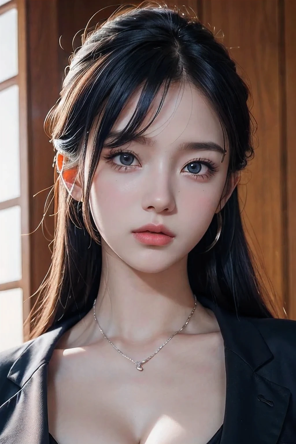 master piece,highest quality,High resolution,8K,(sports late),(Avatar close up),(RAW photo),real photos,digital photography,(female president),( Female Professionals),20 year old girl,random hairstyles,Red eyes and blue gradient hair),serious and persistent,cleavage, accessories,please keep your mouth shut,elegant and attractive,serious and arrogant,calm and handsome,(white woman&#39;business wear),photo pose,realistic style,gray world background,oc rendering reflection texture