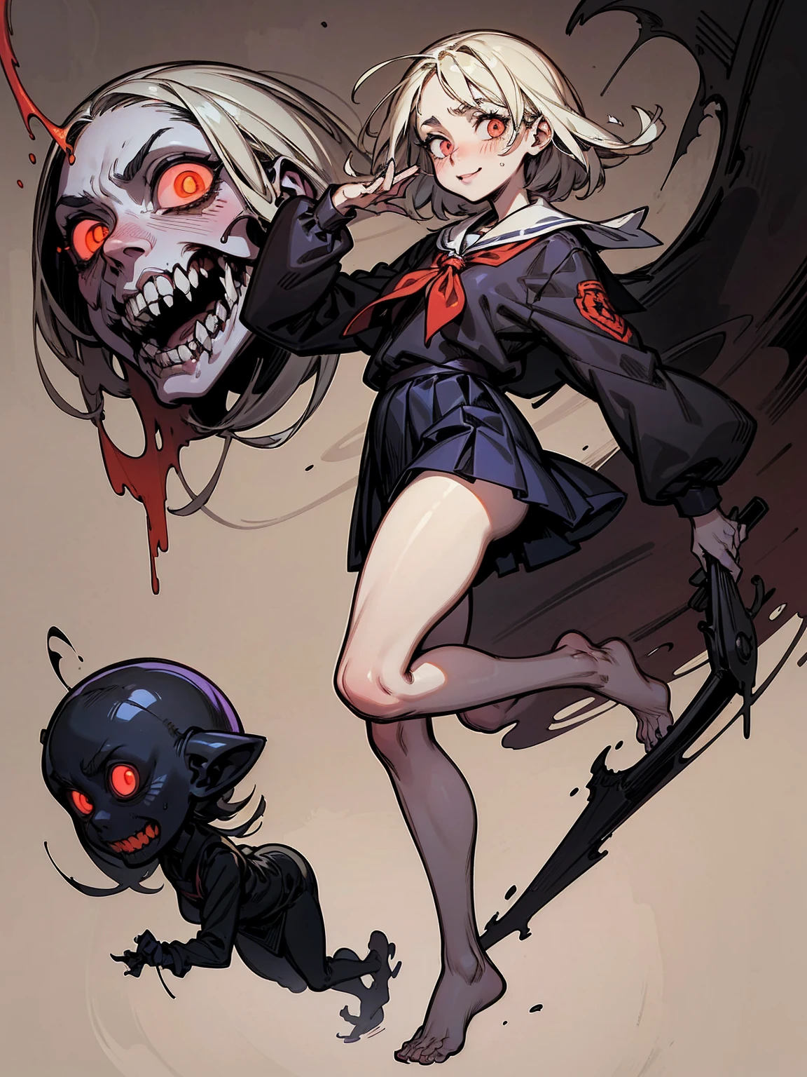 ((school uniform)),((high school girl)), Outline 赤, ((Dynamic Leg Kick)), scribble, nightmare, Doll-like face, Manga style, rough sketch, Horror elements, (masterpiece), (High resolution), (Very delicate), (clear), Comic style illustration, (drawing style), warm color, (Horror elements), Japanese painting, whole body, Ghost, angle, (snap shot), Bugaboo, that'terrible, (spooky), Japan sculpture, primitive art, old picture scroll style, old staging, Ancient mural style, crazy illustration, antique, Dark atmosphere, Flat Illustration, Crazy Smile, spookyな外観, Characteristic hairstyle, creative accessories, Unique atmosphere、barefoot、Put one foot in front of the other、((Cute pink lace panties))