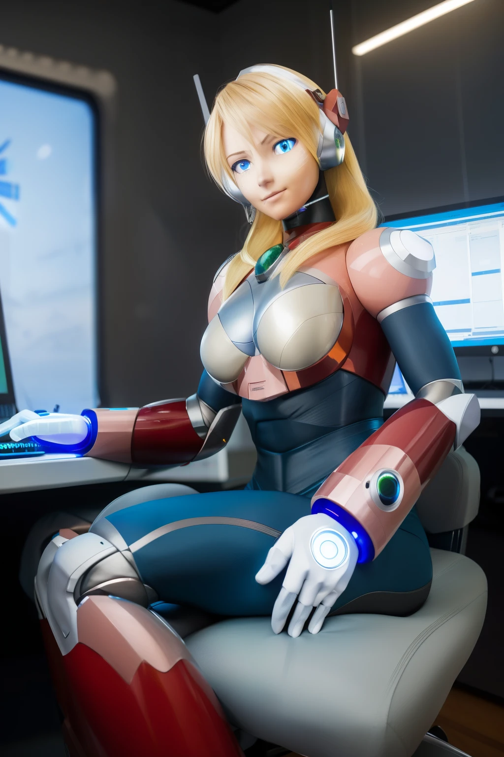 ultra detailed of a woman cyborg, 1girl, (natural skin texture, realistic eye details:1.2) alias_mega manx, alone, breasts, blue eyes, blonde hair, Android, long hair, robot ears, sitting on chair in front of the computer, laboratory, artwork, high quality, hypnotized