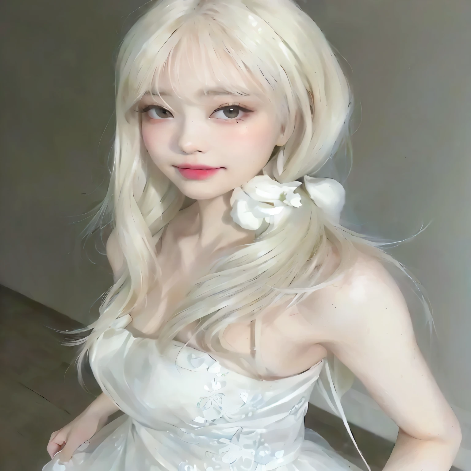 un primer plano de una mujer con un vestido blanco con cabello largo y rubio, peinado de corte hime blanco, pelo largo y blanco y flequillo, con el pelo largo y blanco, pale piel blanca de porcelana, pale milky white porcelain skin, chica anime en la vida real, con pelo largo y blanco, piel blanca de porcelana, hermoso cabello blanco, flequillo blanco, su cabello es blanco, chica con pelo blanco