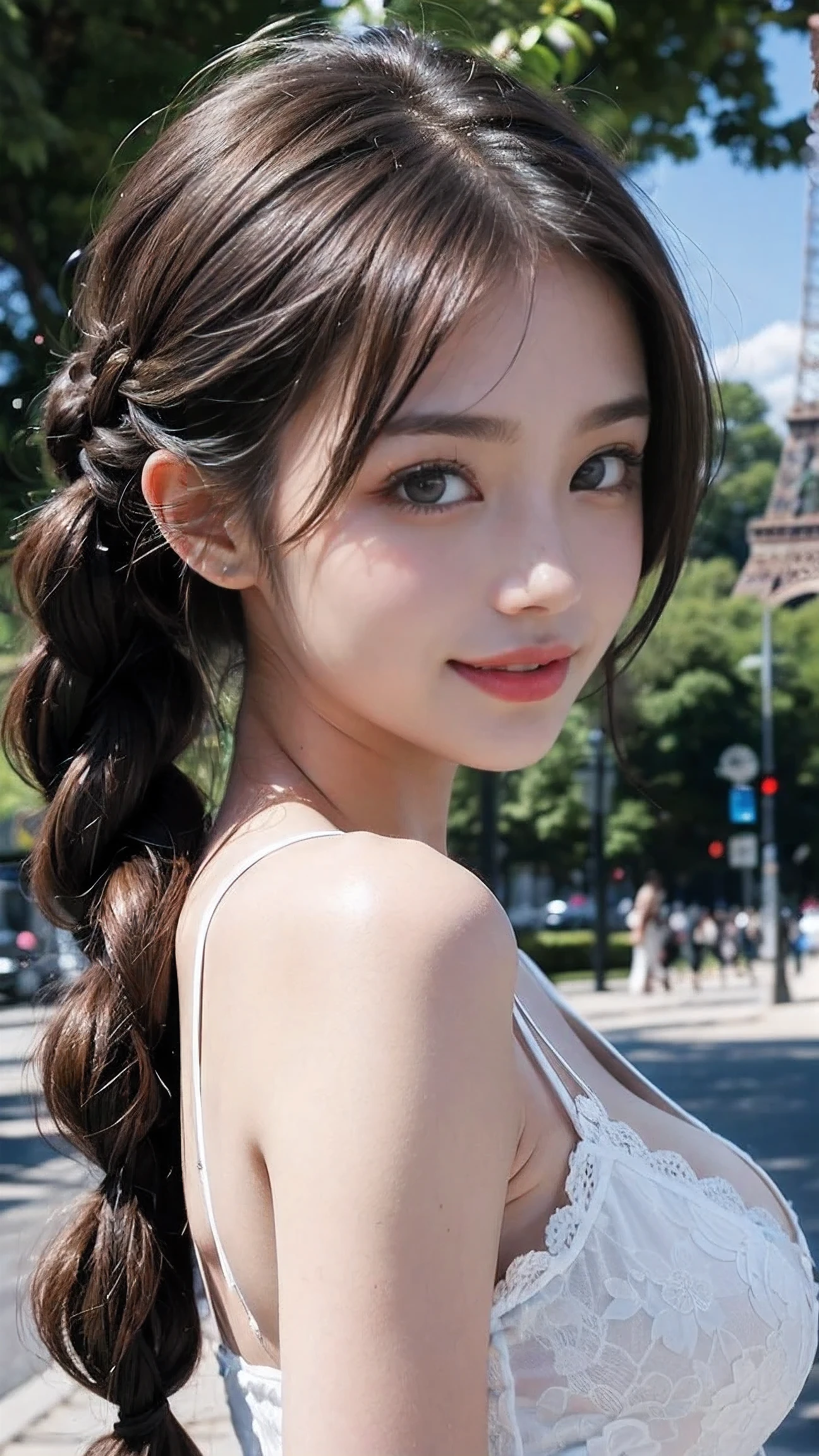 masterpiece, highest quality, very detailed, 8k, realistic, soft focus, detailed and beautiful eyes, detailed face, double eyelid, 1 girl, alone, beautiful skin, real human skin, close up shot, whole body, Beautiful and firm chest, beautiful cleavage, mature body, 18 year old girl, beautiful girl, japanese idol, (french braid:1.3), brown hair, break,(Pareo dress with a zigzag chevron motif that creates a gradation with similar white colors, pink, and fuchsia, and shines brightly),break, Smile,Position near the park with the Eiffel Tower in the background, model pose, 