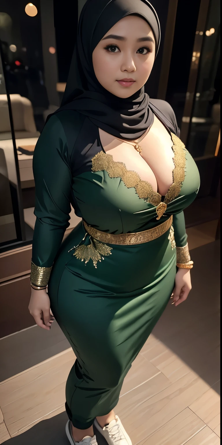 1 malay girl, modern plain hijab, shy, medium portrait, watery eyes, wearing dark green kebaya, ((big breasts)), black bokeh background, well-proportioned body,, chubby massive thighs, full body pose, wearing a necklace , wearing 10 bracelet , wearing a sneaker , huge chest , big cleavage , large cleavage , wide cleavage , Cleavage , wide cleavage