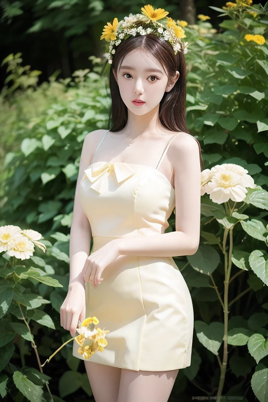 (Best Quality, Masterpiece: 1.2), Portrait, Big , Outdoor, 25-Year-Old Woman in the Garden: 2, White Miniskirt, (Pale Yellow Flower Confusion in the Background: 1.3) Same character, different costume, different angle, backlight: 1.5, rich skin detail: 1.5,