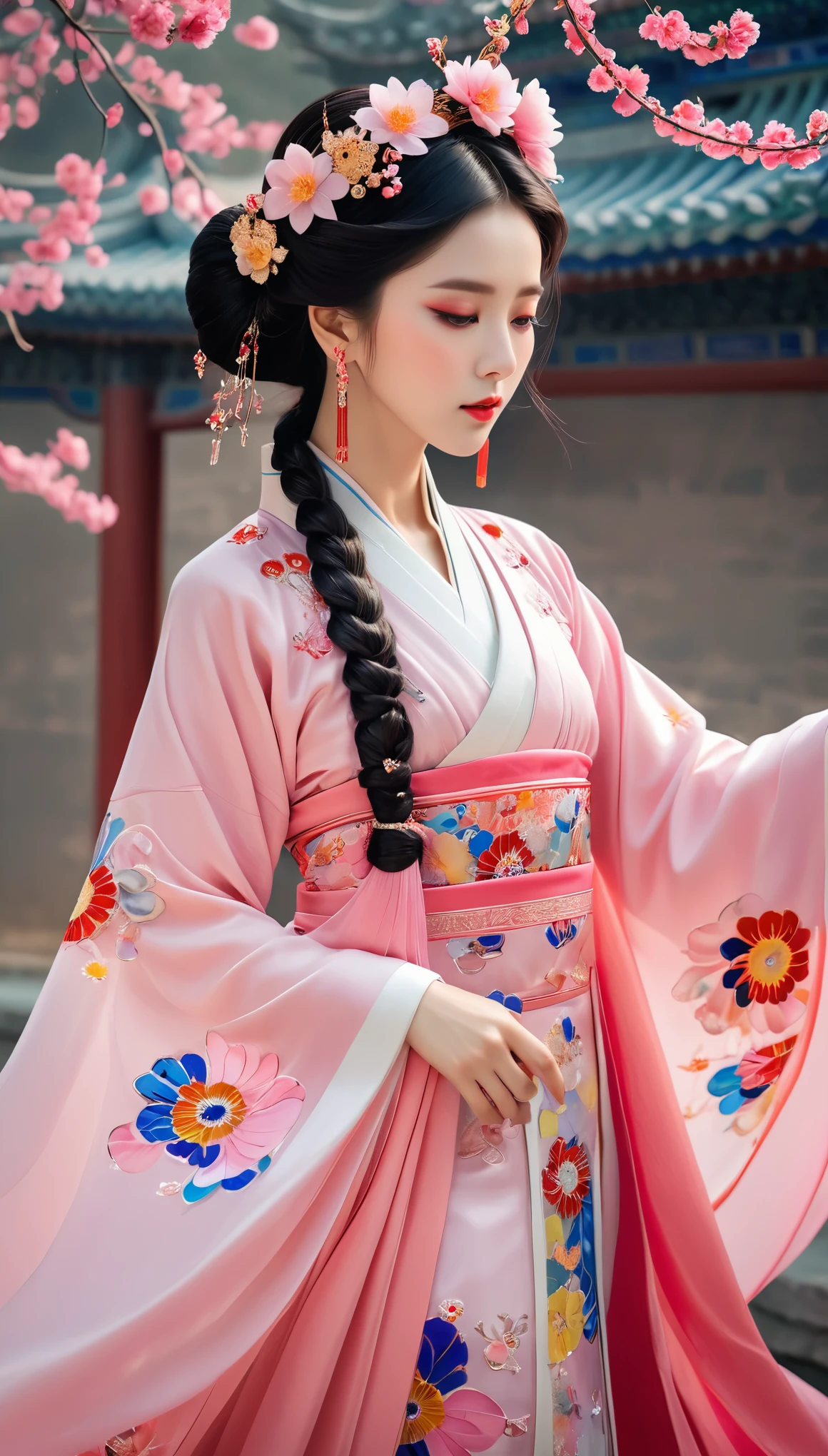 Millefiori glass style,Wearing a pink dress、Alafi woman wearing a flower crown, Color photos inspired by Lanying, cg Social Hotspot, realism, Hanfu, palace ， a girl in Hanfu, ancient Chinese Princess, beautiful fantasy queen, Chinese Art Style, Asian Dynasty Princess, Chinese Queen, white Hanfu, Chinese Princess,look down,