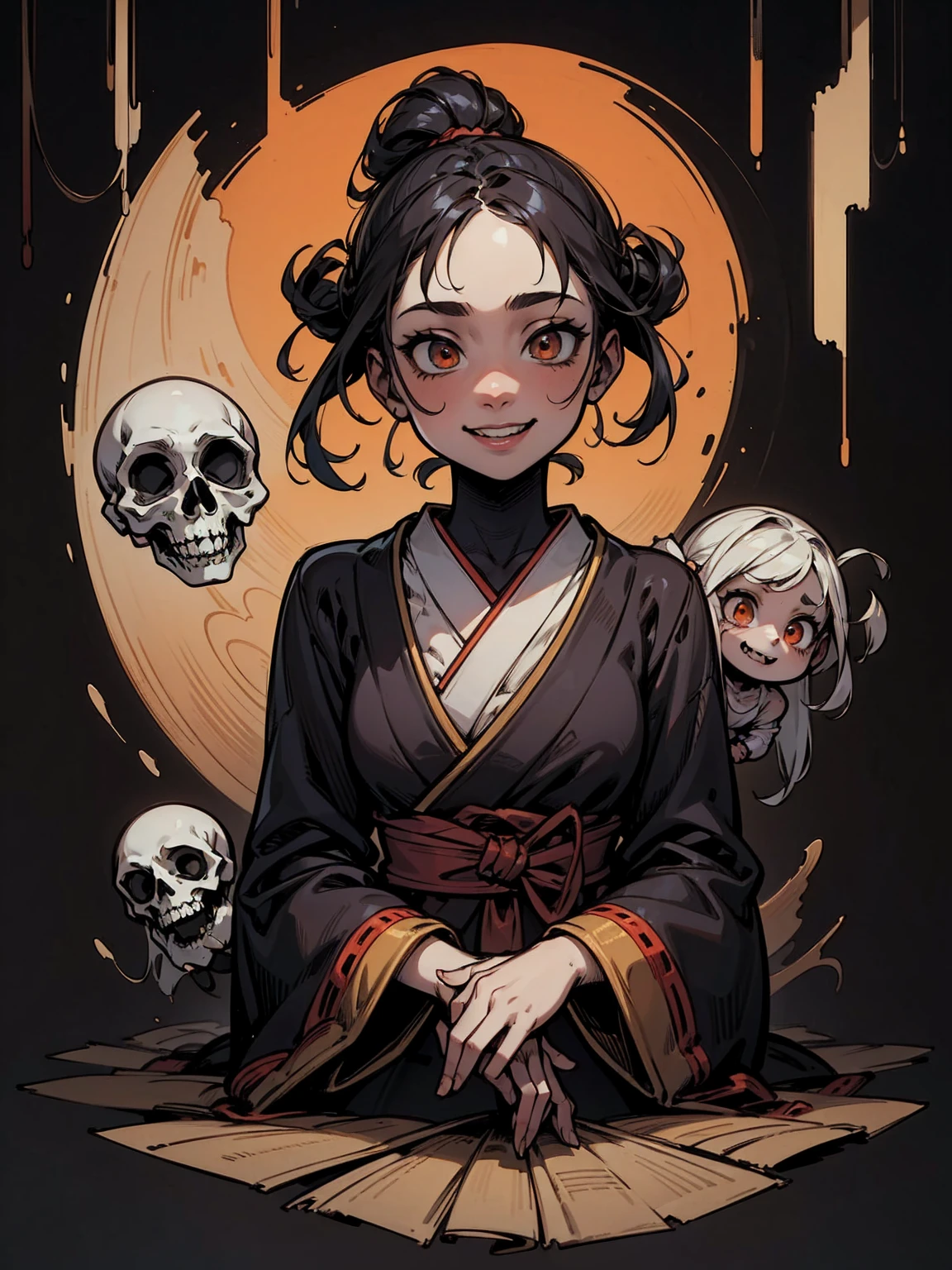 ((festival)), Outline warm color, ((Jump scares)), scribble, nightmare, Doll-like face, Manga style, rough sketch, Horror elements, (masterpiece), (High resolution), (Very delicate), (clear), Comic style illustration, (drawing style), warm color, (Horror elements), Japanese painting, whole body, Appear, angle, (snap shot), Bugaboo, that&#39;terrible, (Spooky), Japan sculpture, primitive art, old picture scroll style, old staging, Ancient mural style, crazy illustration, antique, Dark atmosphere, Flat Illustration, Crazy Smile, Spookyな外観, Characteristic hairstyle, creative accessories, Unique atmosphere
