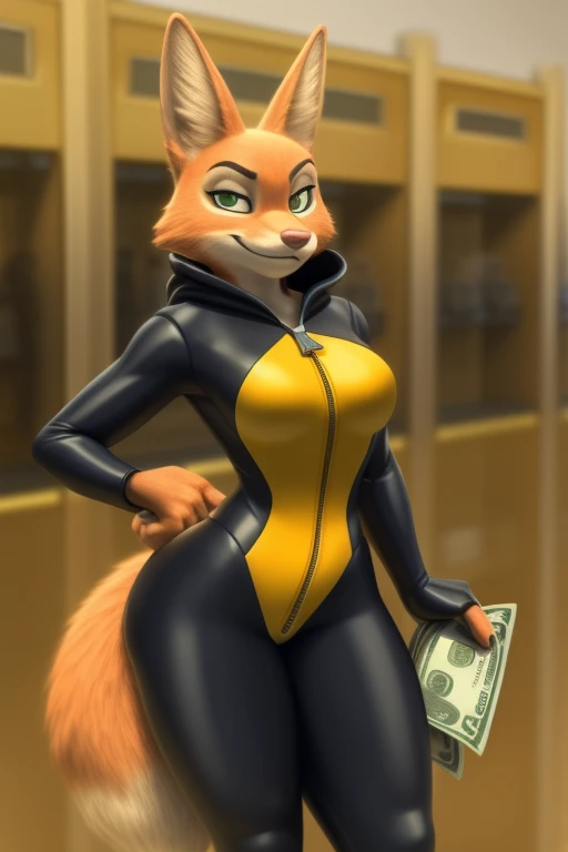 diane foxington, female, fox, orange fur, green eyes,single [eyebrow piercing], clothed, solo,(black (bodysuit:1.1) with yellow trim and black wraps:1.0), zipper, hood, clothing, sexy, curvy, fingerless gloves, smirk, shoulder bag, bank, vault, money dollar bills, gold bars, sexy, curvy, smirk, 4 fingers, 