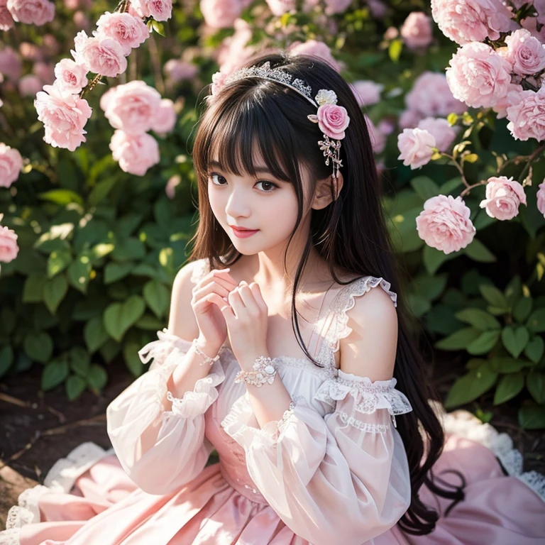 best quality, Delicate face,beautiful visual work,lifelike,1 girl, eternal, Black Hair, Long curly hair, Bangs, Smile, layered skirt, Lolita style long skirt,分層連衣裙 Lace-trimmed 裙子, decorate, Lace, Long sleeve, Puff sleeves, Wide sleeves, Transparent sleeves, Hair accessories, 在flower园里, flower, Detailed background, Delicate face,pink blush,白cold,Lots of Lace,((masterpiece))、(top quality)、8k、High Detail、Super detailed,21 years old female,Wearing Pink dress((Dreamy atmosphere:1.1))、Seductive and whimsical style、masterpiece、born、Scenes resembling fairy tale illustrations、Intricate details showcase the ruffles and intricate designs of the Lolita dress、beautiful、magic、capricious、 beautiful、Dreamy aesthetics、「art itself、ethereal、charming、fickle、magic」、realism、Visual effects、FXAA、SSAO、shader、voiceless、Ambient Lighting、Tone Mapping、high resolution、Ultra HD、megapixel、(8k resolution:1.10)、8k、Below 8K、8k resolution、High Detail、Intricate details, (high quality:1.2、masterpiece:1.2、:1.21)、(21 years old female:1.21)、(興奮地Smile)、(Surrounded by the Dreamy atmosphere,Model Diagram,head shot,Hair accessories,Don't show your fingers,cold,Close-up of face,Just a headshot