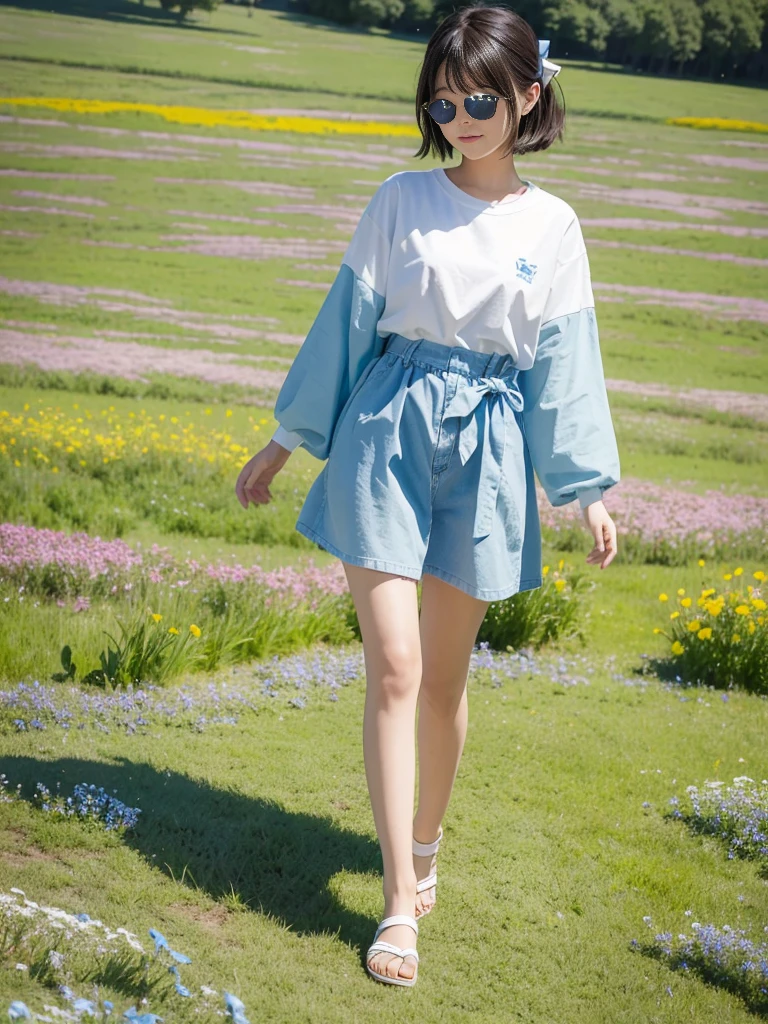 masterpiece、Highest image quality、((Full body shot:1.6))、with a girl:her hair is black and short、14 years、laughter、Her face is round and cute。(((White and blue casual fashion)))、Floral。white sandal shoes、There is a ribbon on the ankle。(running in the meadow with a girl:1.3)、scene:There is a beautiful scene floating in the background.、blue sky, White cloud, green meadow and colorful flowers。The scene is softly painted like a watercolor painting.、It's a fantastic atmosphere。The scene expresses the imagination and sensibility of the girl、Pubic hair shows completely naked pubic hair) ,more_become familiar with:1.5, (More and more_become familiar with:1.9)、Remote location