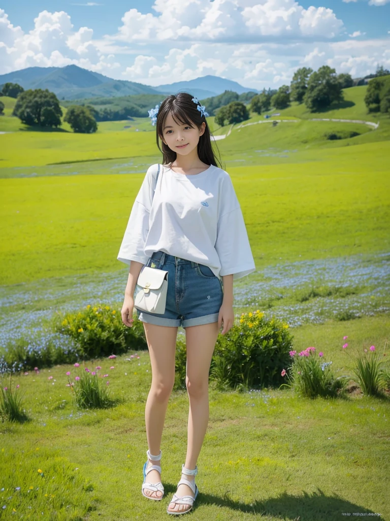 masterpiece、Highest image quality、((Full body shot:1.6))、with a girl:her hair is black and short、14 years、laughter、Her face is round and cute。(((White and blue teen casual fashion)))、Floral。white sandal shoes、There is a ribbon on the ankle。(running in the meadow with a girl:1.3)、scene:There is a beautiful scene floating in the background.、blue sky, White cloud, green meadow and colorful flowers。The scene is softly painted like a watercolor painting.、It's a fantastic atmosphere。The scene expresses the imagination and sensibility of the girl、Pubic hair shows completely ????? pubic hair) ,more_become familiar with:1.5, (More and more_become familiar with:1.9)、Remote location
