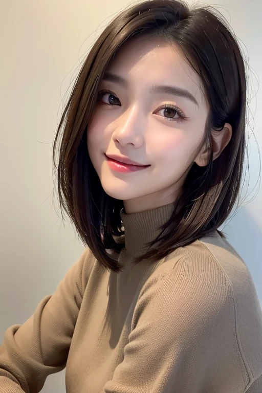 

(((Close-up of face)))、(((Absolutely shoulder-length brown straight short bob)))、(((She is posing like a hair salon model, with a black wall indoors as the background.)))、(((Casual black winter long sleeve outfit)))、Half Japanese, half Korean、18 year old girl、Standing Alone、Looking forward、Light eye makeup、Brown Hair Color、Flat and 、Hair blowing in the wind、Actress Quality、Glossy, ultra-realistic face、Smiling face、Watery eyes、Gazing Up、Subtle lighting effects、 Ultra-Realistic Capture、Very detailed、High resolution 16K close up of human skin。Skin texture must be natural、The details must be such that pores can be clearly seen、The skin is healthy、Uniform tone、Use natural light and colors、A worn-out, high-quality photo taken by a model agency&#39;s in-house photographer.、smile、(((SIGMA 300 mm F/1.4,1/1000 sec shutter,ISO 400)))

