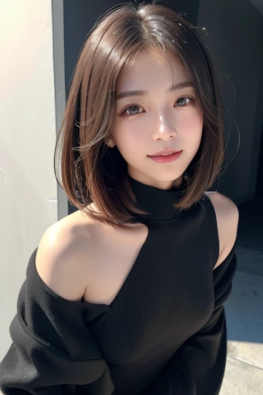 

(((Close-up of face)))、(((Absolutely shoulder-length brown straight short bob)))、(((She is posing like a hair salon model, with a black wall indoors as the background.)))、(((Casual black winter long sleeve outfit)))、Half Japanese, half Korean、18 year old girl、Standing Alone、Looking forward、Light eye makeup、Brown Hair Color、Flat and 、Hair blowing in the wind、Actress Quality、Glossy, ultra-realistic face、Smiling face、Watery eyes、Gazing Up、Subtle lighting effects、 Ultra-Realistic Capture、Very detailed、High resolution 16K close up of human skin。Skin texture must be natural、The details must be such that pores can be clearly seen、The skin is healthy、Uniform tone、Use natural light and colors、A worn-out, high-quality photo taken by a model agency&#39;s in-house photographer.、smile、(((SIGMA 300 mm F/1.4,1/1000 sec shutter,ISO 400)))

