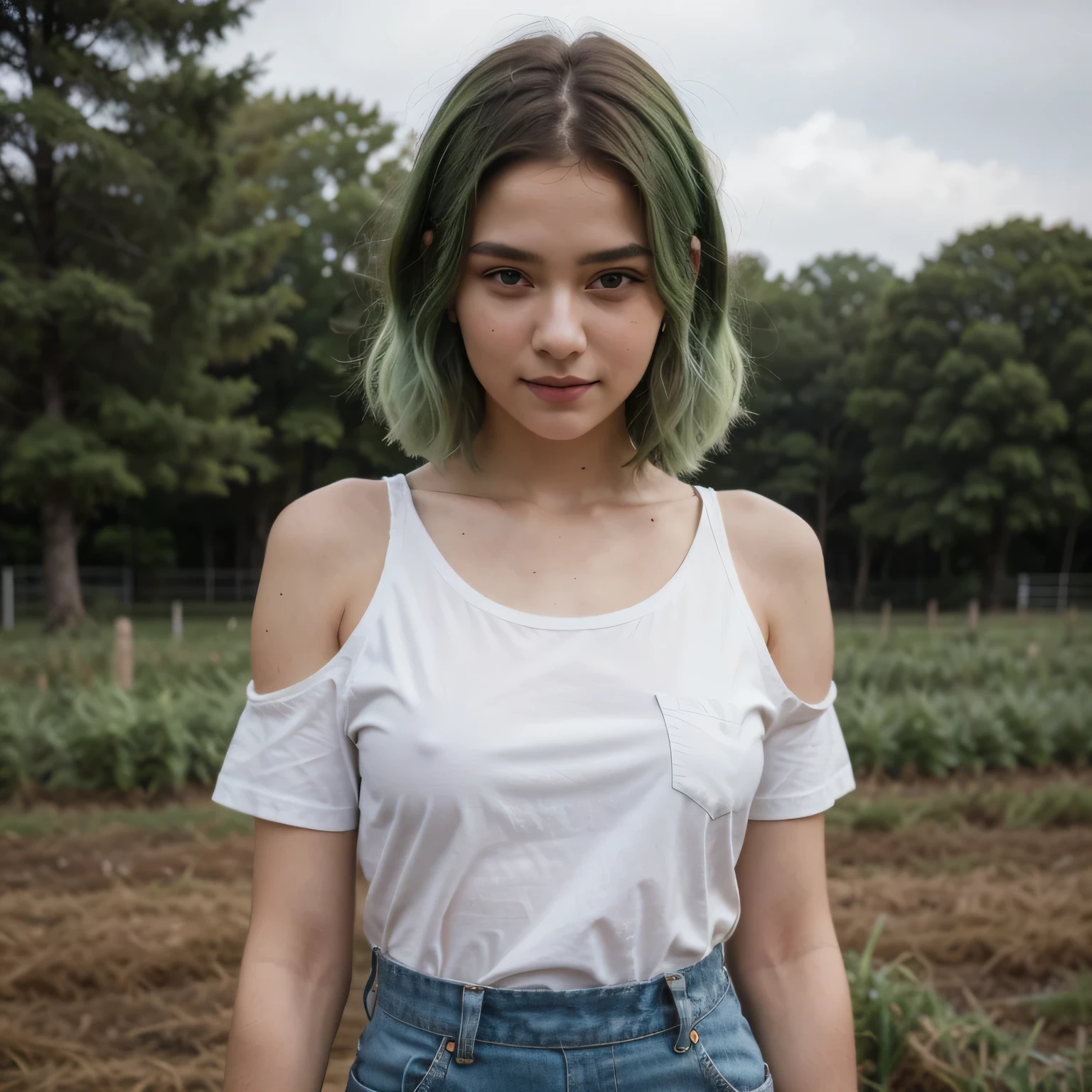 1girls, Nur, green Hair , 24 years old , In the whey field next to a horse, wearing denim overalls and a white t-shirt without front pockets, with piercing eyes and flawless skin, her hair should be short, at shoulder length, just above her shoulder, the ends of her hair will be green, especially green, extremely flawless and realistic,Best Quality, 8K, Masterpiece:1.3)), Focus: 1.2, Perfect Body Beauty: 1.4, Hips: 1.2, , High Detail Facial and Skin Texture, Thin Eyes, Double Eyelids, , Smile,