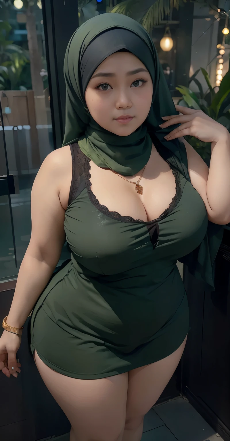 1 malay girl, modern plain hijab, shy, medium portrait, watery eyes, wearing dark green kebaya, ((big breasts)), black bokeh background, well-proportioned body,, chubby massive thighs, full body pose, wearing a necklace , wearing 10 bracelet , wearing a sneaker , widest cleavage