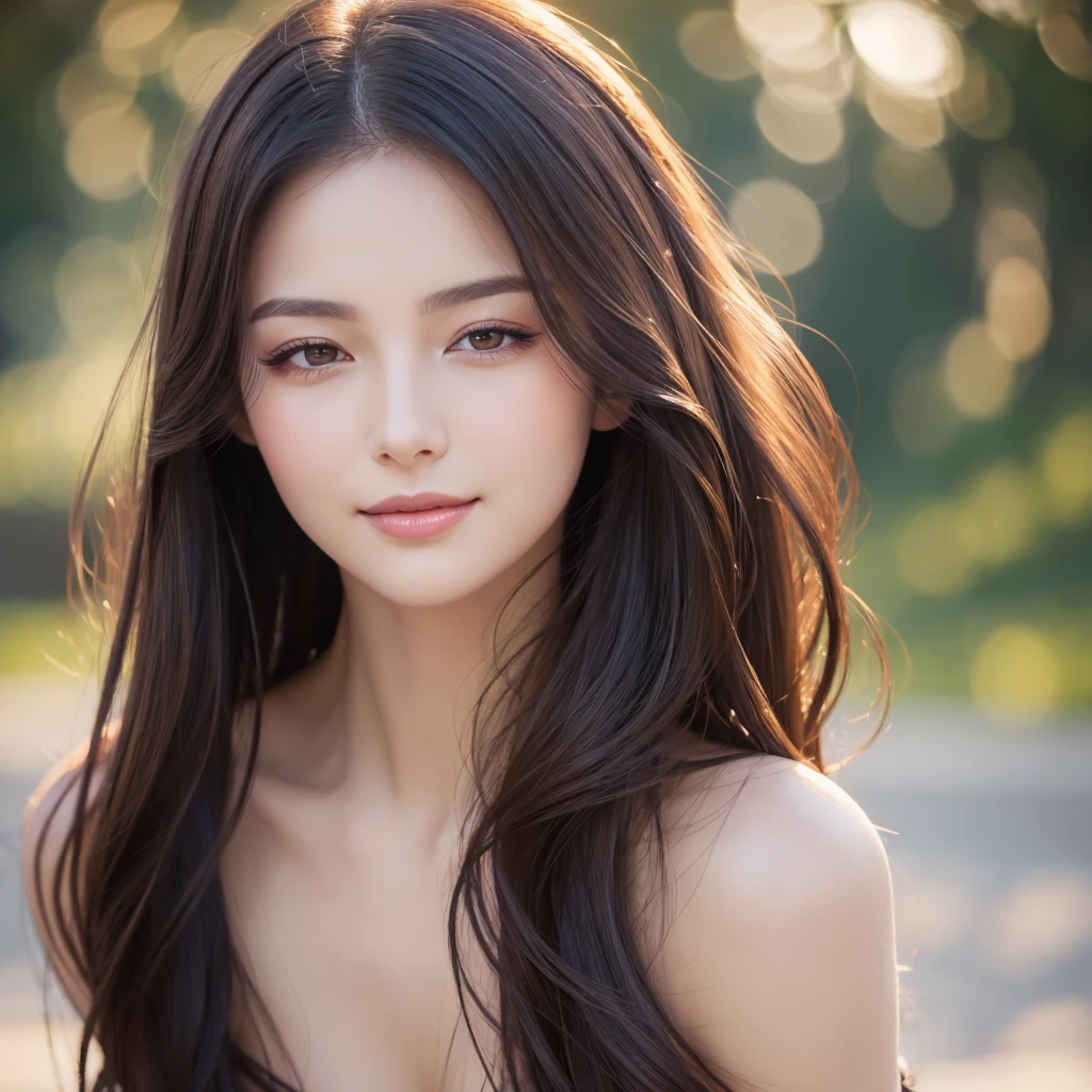 Soft portrait of a beautiful woman, flowing dark hair, captivating gaze, elegant features, radiant smile, feminine beauty, subtle makeup, striking eyes, long lashes, graceful posture, stylish attire, soft shadows, warm skin tones, detailed portrait, realistic style, high-resolution, delicate lighting, digital painting, by Sofia Bonati, Behance.