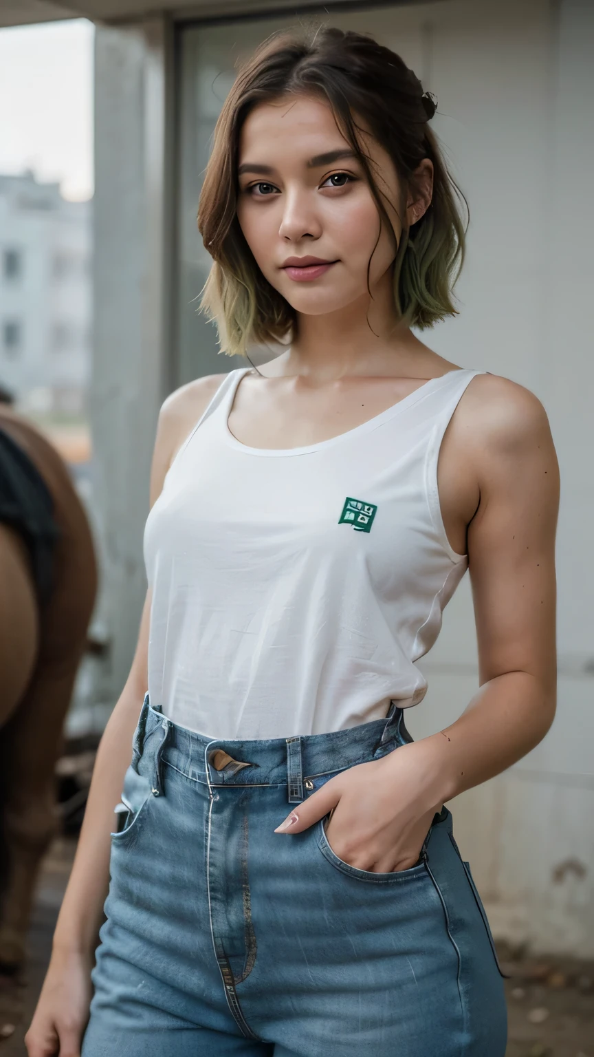 1girls, Nur, green Hair , 24 years old , In the whey field next to a horse, wearing denim overalls and a white t-shirt without front pockets, with piercing eyes and flawless skin, her hair should be short, at shoulder length, just above her shoulder, the ends of her hair will be green, especially green, extremely flawless and realistic,Best Quality, 8K, Masterpiece:1.3)), Focus: 1.2, Perfect Body Beauty: 1.4, Hips: 1.2, ,  High Detail Facial and Skin Texture, Thin Eyes, Double Eyelids, , Smile, 