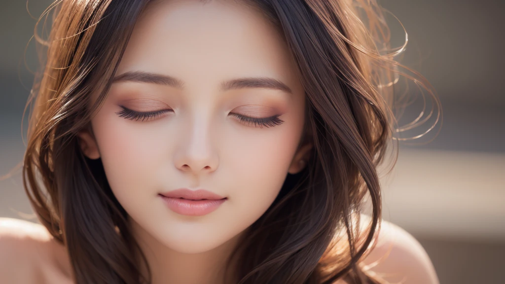 Soft portrait of a beautiful woman, flowing dark hair, captivating gaze, elegant features, radiant smile, feminine beauty, subtle makeup, striking eyes, long lashes, graceful posture, stylish attire, soft shadows, warm skin tones, detailed portrait, realistic style, high-resolution, delicate lighting, digital painting, by Sofia Bonati, Behance.