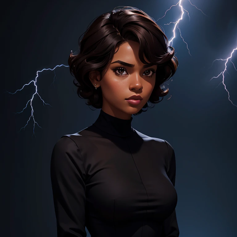 Young adult black woman, sensual, dark brown hair, short curled hair, and a black long-sleeved high-neck blouse written ((G)), She is facing the camera looking to the side, black image background and lightning blue