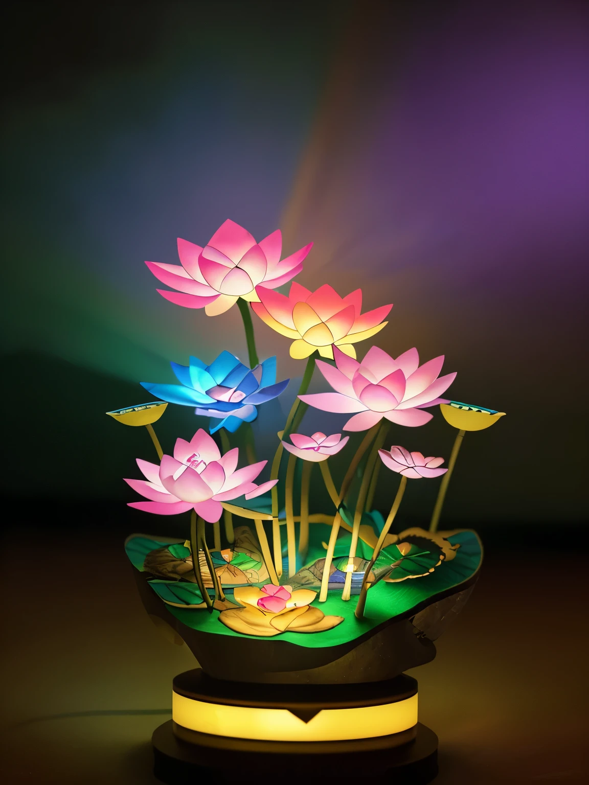 Color curve,Colorful Lights and Shadows,Suzhou embroidery,Three-dimensional ancient style,Chen Jialing,Tilt-shift,photography,Lotus covered in giant golden embroidered silk,The embroidery is exquisite,Bling,Silk refracts light,Silky Light,Backlight,Miniature Models,miniature landscape,Stereo,Illuminate the edges,3D Retro Style,Circuit Board,High-tech chip circuit,Technological light effects,dreamlike,colorful