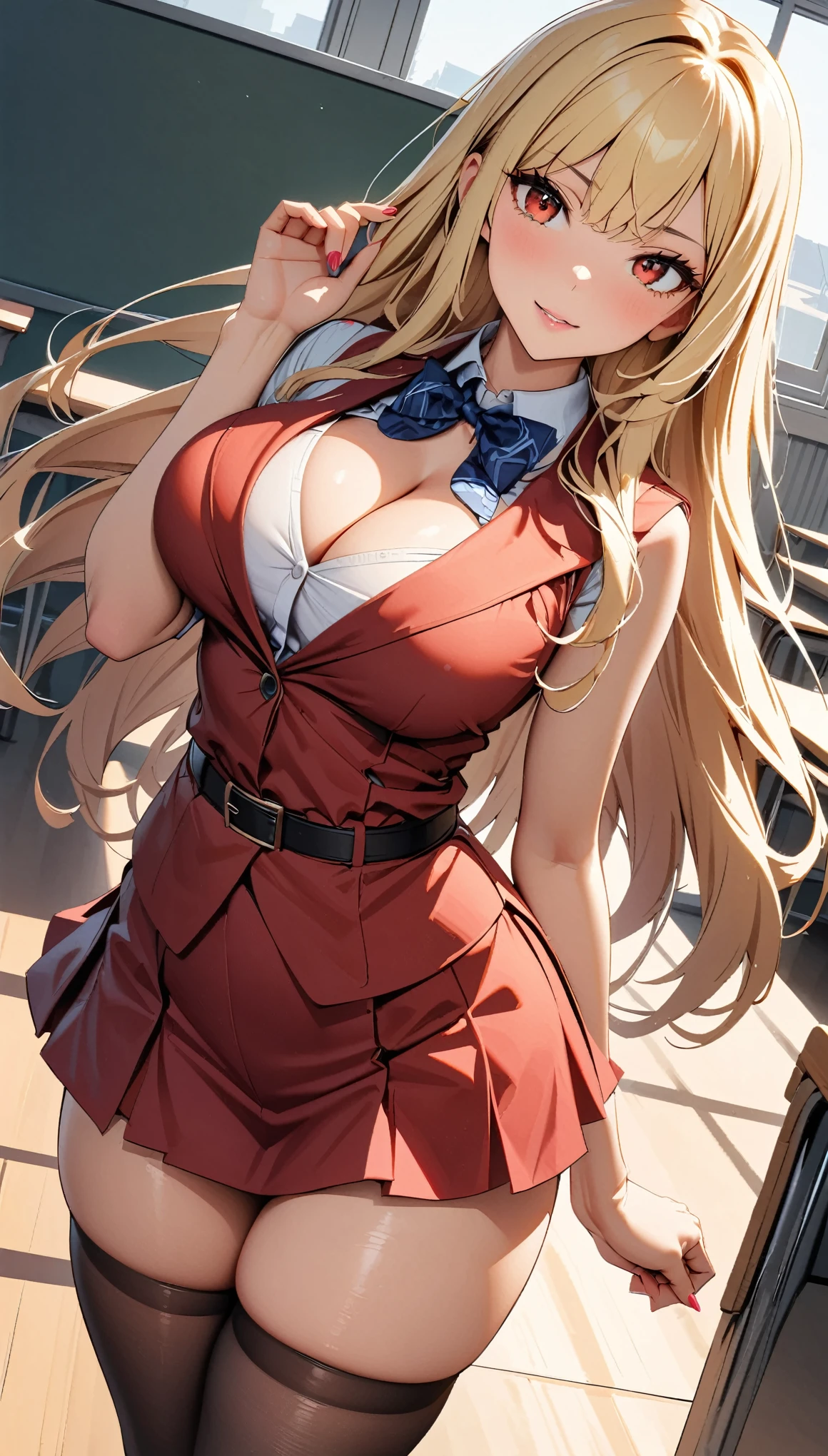 (highest quality: 1.2, Highly detailed, Latest, Vibrant, Super detail, Ultra-high resolution, High contrast, masterpiece: 1.2, highest quality, Best aesthetics, aya:0.9), alone, (1 woman), /( teacher/ ), (teacher), long hair, blonde hair, (red eyes: 1.3), long hair with brown highlights, thighs, skirt, sexy, cleavage, painted nails, belt, thighs with tights, glasses, classroom, shake hands welcome, pink lips, heels, red dress, sexy thigh, detailed leg, dynamic angle, random pause, highly detailed face and skin texture, cowboy shot,