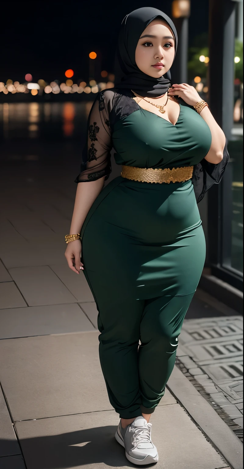 1 malay girl, modern plain hijab, shy, medium portrait, watery eyes, wearing dark green kebaya, ((big breasts)), black bokeh background, well-proportioned body,, chubby massive thighs, full body pose, wearing a necklace , wearing 10 bracelet , wearing a sneaker , huge chest 