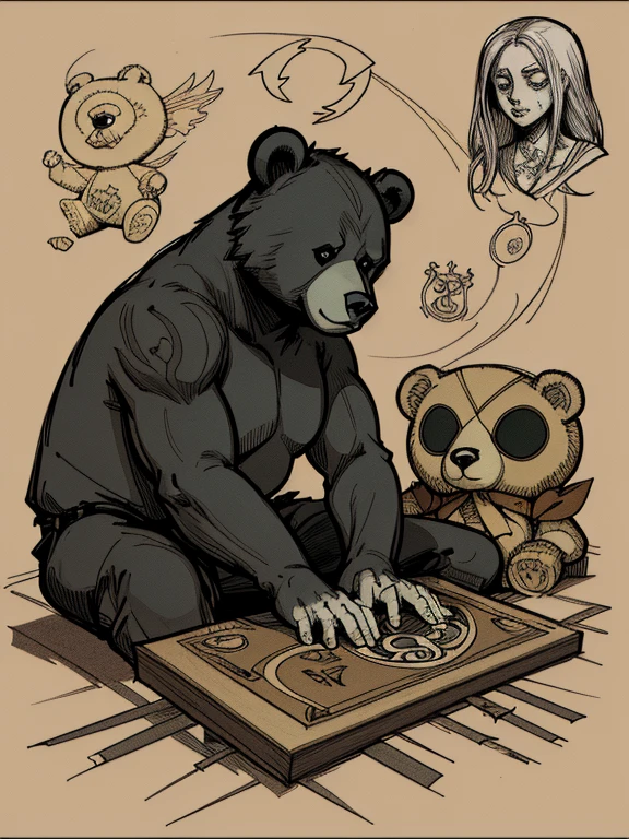 Teddy bear sitting on a Ouija board,Alphabet tattoo on stomach,Bear with a Ouija board,scribble, Manga style, rough sketch, Horror elements, (masterpiece), (High resolution), (Very delicate), (clear), Comic style illustration,