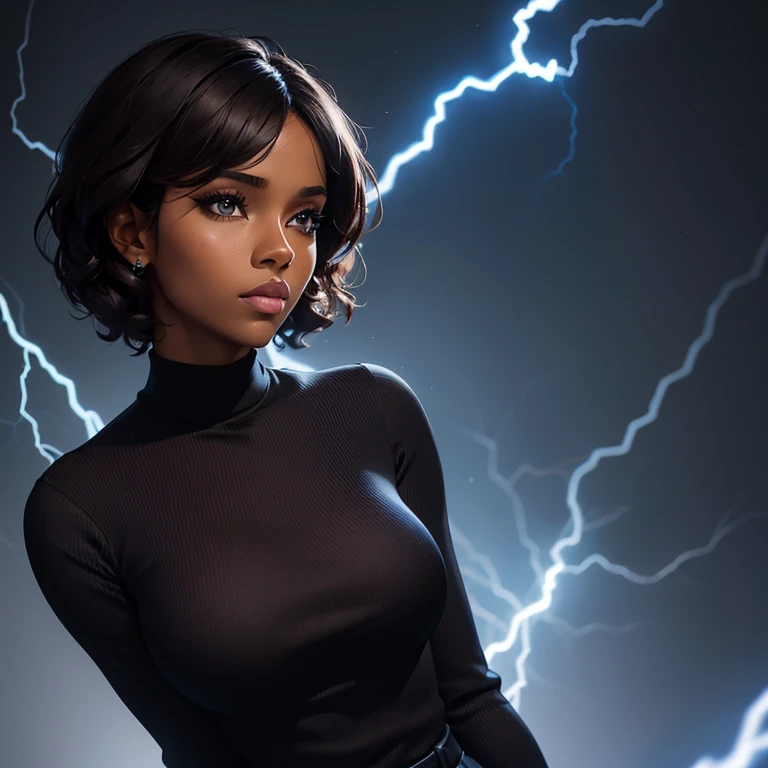 Young adult black woman, sensual, dark brown hair, short curled hair, and a black long-sleeved high-neck blouse written ((G)), She is facing the camera looking to the side, black image background and lightning blue
