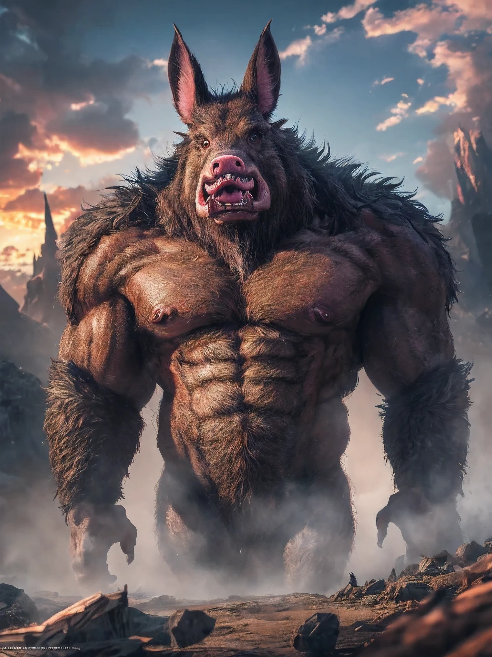 there is a very big boar with a big nose and big teeth, hyper realistic fantasy monster, realistic creature concept, Giant pig, by Artur Tarnowski, surreal hybrid animals, Vojtek FUS, Prehistoric Hell Pigs, creature concept art, Adam Marchinsky, anthropomorphic creature, Tadeusz Pruszkowski,photorealism,monster,ugly terrifying look,8k render,many small details,Ferocious view,fangs, wool,