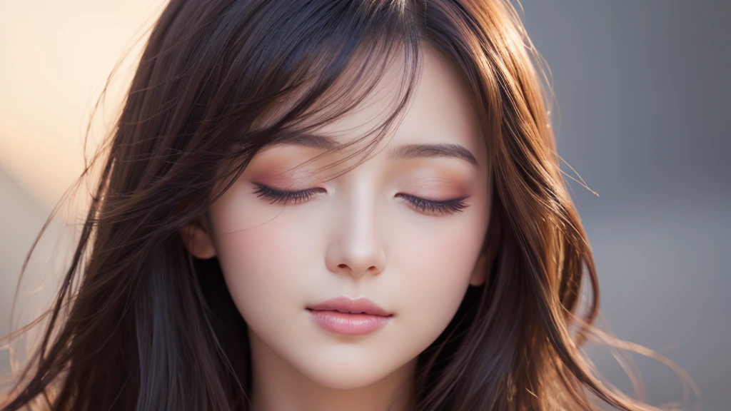 Soft portrait of a beautiful woman, flowing dark hair, captivating gaze, elegant features, radiant smile, feminine beauty, subtle makeup, striking eyes, long lashes, graceful posture, stylish attire, soft shadows, warm skin tones, detailed portrait, realistic style, high-resolution, delicate lighting, digital painting, by Sofia Bonati, Behance.