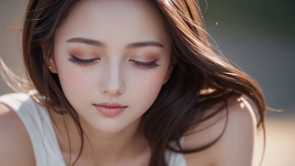 Soft portrait of a beautiful woman, flowing dark hair, captivating gaze, elegant features, radiant smile, feminine beauty, subtle makeup, striking eyes, long lashes, graceful posture, stylish attire, soft shadows, warm skin tones, detailed portrait, realistic style, high-resolution, delicate lighting, digital painting, by Sofia Bonati, Behance.