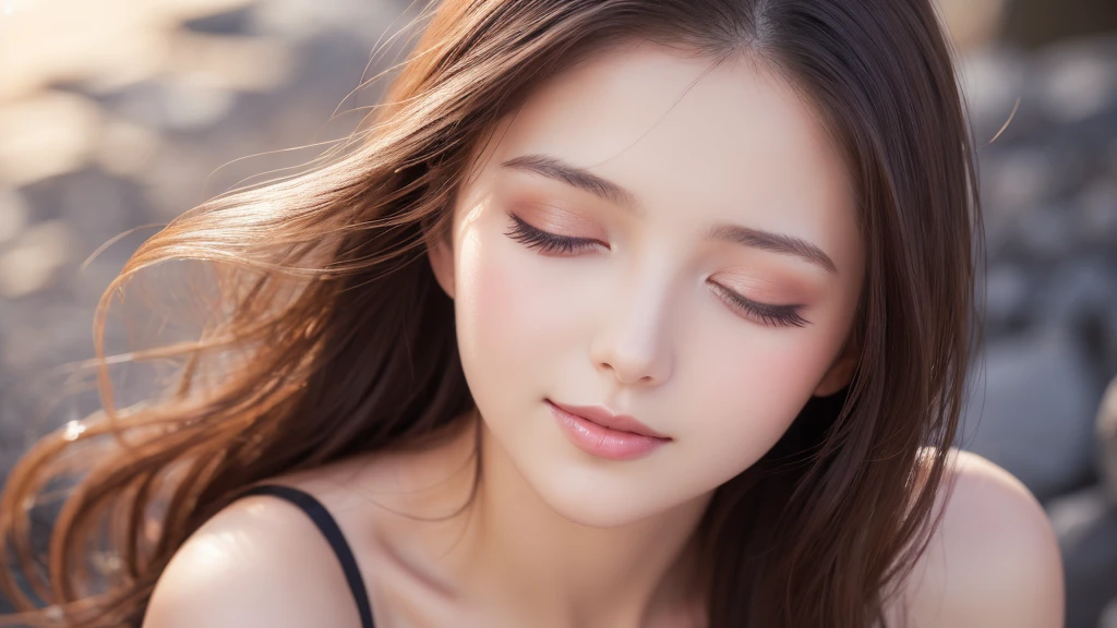 Soft portrait of a beautiful woman, flowing dark hair, captivating gaze, elegant features, radiant smile, feminine beauty, subtle makeup, striking eyes, long lashes, graceful posture, stylish attire, soft shadows, warm skin tones, detailed portrait, realistic style, high-resolution, delicate lighting, digital painting, by Sofia Bonati, Behance.