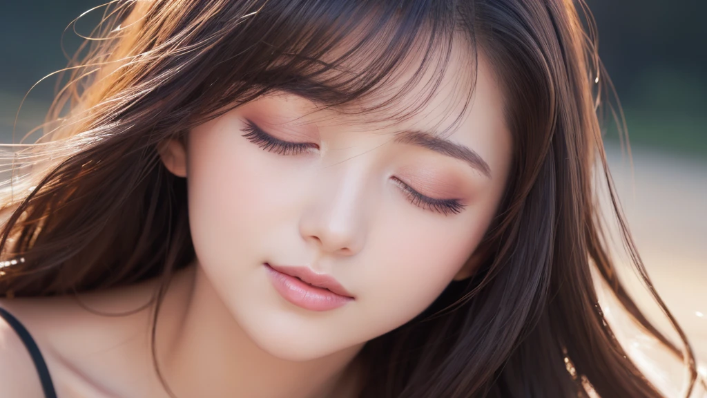 Soft portrait of a beautiful woman, flowing dark hair, captivating gaze, elegant features, radiant smile, feminine beauty, subtle makeup, striking eyes, long lashes, graceful posture, stylish attire, soft shadows, warm skin tones, detailed portrait, realistic style, high-resolution, delicate lighting, digital painting, by Sofia Bonati, Behance.