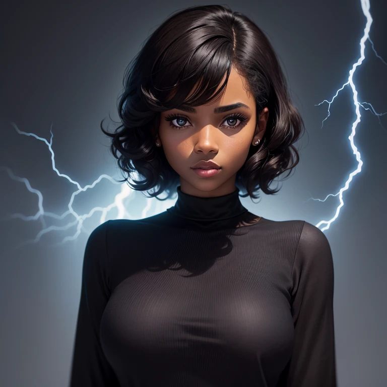 Young adult black woman, sensual, dark brown hair, short curled hair, and a black long-sleeved high-neck blouse written ((G)), She is facing the camera looking to the side, black image background and lightning blue