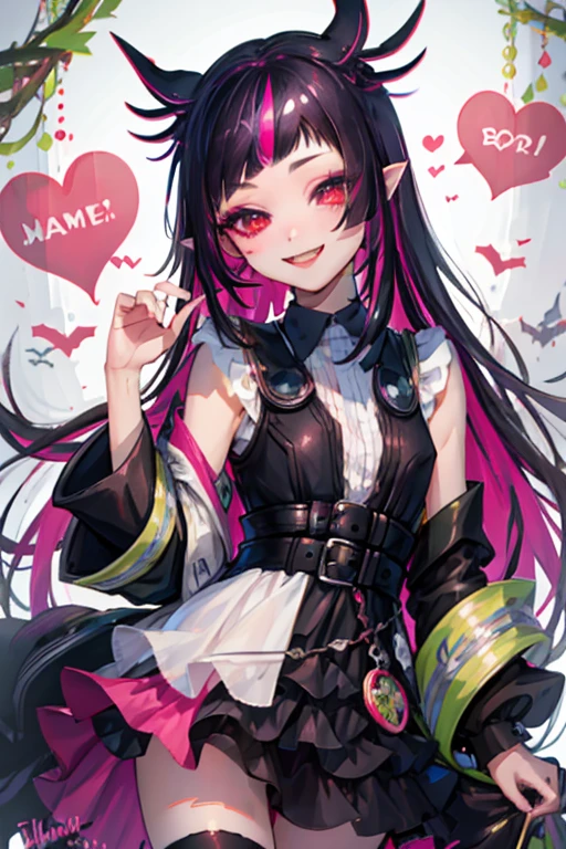 best quality,1girl, lilia vanrouge twisted wonderland,black hair, streaked pink hair,multicolored hair,dark red eyes,pointy ears, smiling,cute, Fem_Lilia, long hair, ahoge, dress