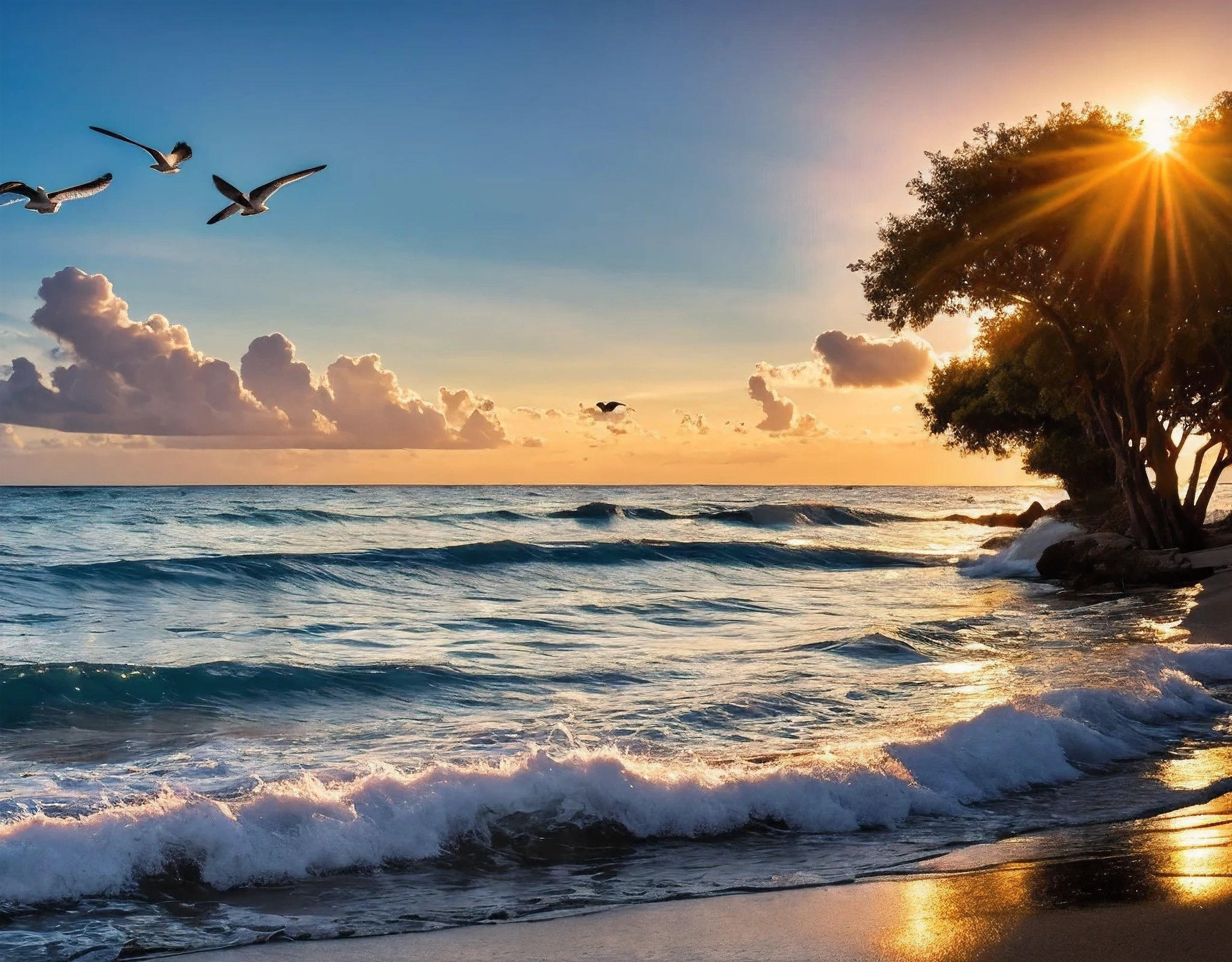 Blue Coast, paradise beach landscape, palm trees, white sand, seagulls, beautiful waves crashing on the beach, sunset, The sun is falling, illuminating the water, photo, taken by a professional photographer:1.5, representative of this beautiful tourist landscape, magic, masterpiece , photo awarded for beauty, Bright and harmonious colors, cinematic lighting, 32k