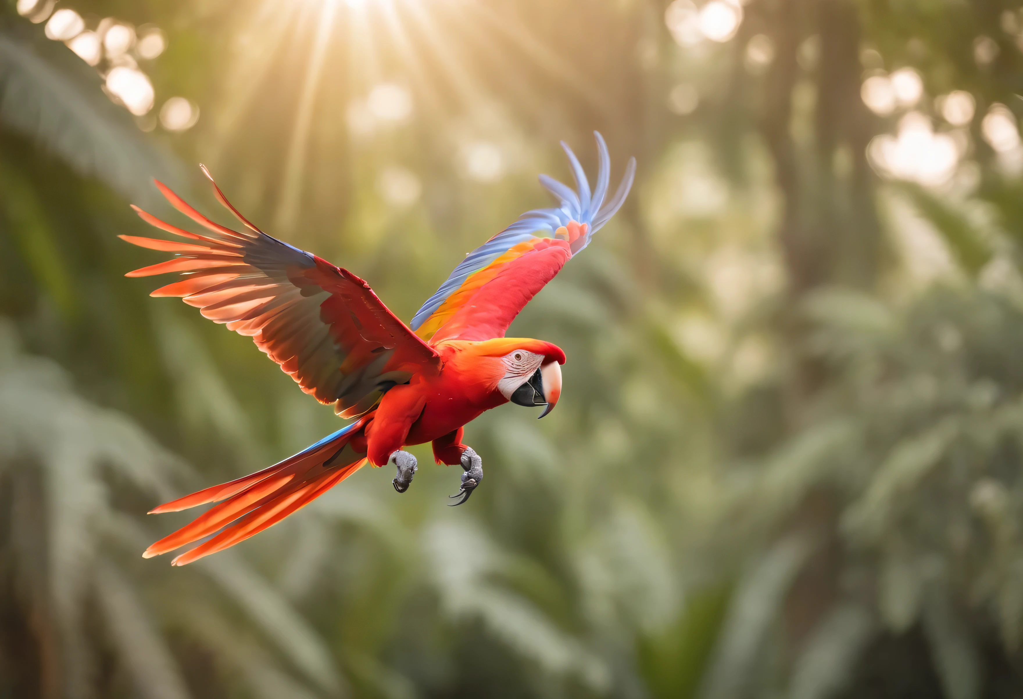 professional photography, of a red macaw flying, blurred background, sun rays reflecting, photograph taken by a professional photographer, 4k image, 8k ultra HD, Surrealism.