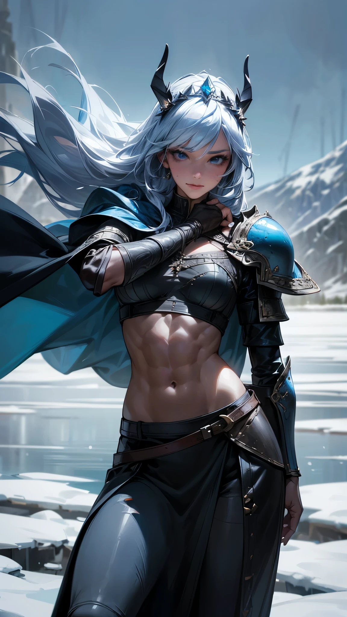 a photorealistic portrait of a viking beauty walking on the ice, (best quality,4k,8k,highres,masterpiece:1.2),ultra-detailed,(realistic,photorealistic,photo-realistic:1.37),viking girl,blue eyes,long white hair,beautiful detailed eyes,beautiful detailed lips,extremely detailed eyes and face,long eyelashes,strength and determination,strong female character,adorned with intricate pendants and stitch work,in a fierce pose,background of a majestic Nordic landscape,sharp focus,physically-based rendering,professional,vivid colors,portrait,cool color tones,(soft diffused lighting), furr on the amor, beautiful mountains, gorgeeous landscape, field, snow, snow flokes, icebergs, lake, iced lake BREAK she has majestic straight hair on the wind, mature woman, (wearing a flower crown:1),(she is wearing a leather armor, leather), (blue cape, blue cloak in the wind), hyperdetailed, dramatic lighting, detailed shading, BREAK (perfect face:1), expressive eyes, epressive girl, confidend body language, (viking clothes, belts, beautiful smile), bracelets, (((strong abdomen, sensual abs, dedfined abs, strong body)))