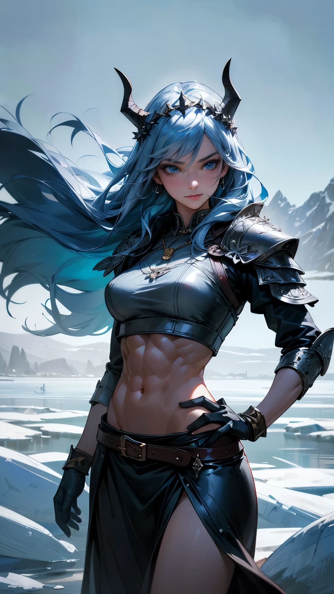 a photorealistic portrait of a viking beauty walking on the ice, (best quality,4k,8k,highres,masterpiece:1.2),ultra-detailed,(realistic,photorealistic,photo-realistic:1.37),viking girl,blue eyes,long white hair,beautiful detailed eyes,beautiful detailed lips,extremely detailed eyes and face,long eyelashes,strength and determination,strong female character,adorned with intricate pendants and stitch work,in a fierce pose,background of a majestic Nordic landscape,sharp focus,physically-based rendering,professional,vivid colors,portrait,cool color tones,(soft diffused lighting), furr on the amor, beautiful mountains, gorgeeous landscape, field, snow, snow flokes, icebergs, lake, iced lake BREAK she has majestic straight hair on the wind, mature woman, (wearing a flower crown:1),(she is wearing a leather armor, leather), (blue cape, blue cloak in the wind), hyperdetailed, dramatic lighting, detailed shading, BREAK (perfect face:1), expressive eyes, epressive girl, confidend body language, (viking clothes, belts, beautiful smile), bracelets, (((strong abdomen, sensual abs, dedfined abs, strong body)))