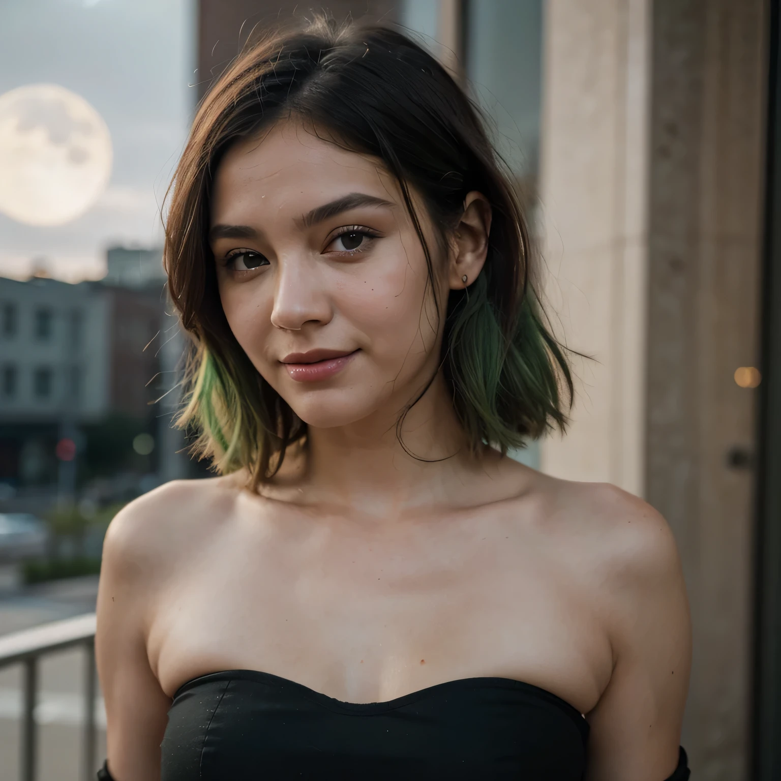 1girls, Nur, green Hair , 24 years old , full view shot of a natural looking beautiful woman, use new york city background, full moon night, 34d, deep neckline, sheer transparent metallic dress, long boots, 30 megapixels, 4k, 85mm lens, sharp focus, intricate details, long exposure time , f/8, ISO 100, shutter speed 1/125, Natural details in image, diffused retro illumination, small catch light, low contrast, high sharpness, facial symmetry, depth of field, golden hour, ultra-detailed photography, ray-traced, global illumination , have short hair, keep their hair at shoulder level and slightly above their shoulders, the ends of their hair will be green, especially green.Best Quality, 8K, Masterpiece:1.3)), Focus: 1.2, Perfect Body Beauty: 1.4, Hips: 1.2, , High Detail Facial and Skin Texture, Thin Eyes, Double Eyelids, , Smile,