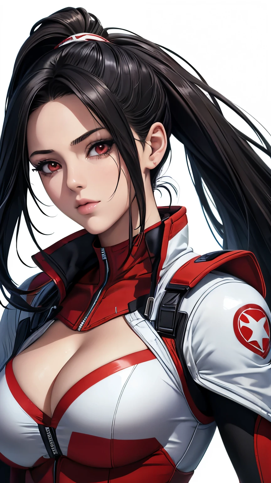 red eyes, (highest quality, masterpiece painting:1.3), immature woman, , (half body shot), masterpiece, ultra high resolution, (Photoreal:1.0), black hair, ponytail, straight hair, beautiful shining hair, white and shining skin, ((Ultra realistic details)), octane rendering, highly detailed face, (big breasts:0.8), complete pilotsuit, adjusted pilotsuit, (red pilotsuit),cleavage, perfect body, soft skin, anime face, perfect face, perfect eyes, looking at the viewer, smart, (pure white background:1.4), sharp focus, intricate details, professional artwork, (bright colors:1.1), bright colors, diffused lighting, digital blending, ultra-definition body, ultra detail hair, super detailed face, that&#39;It&#39;s trending on pixiv, top button open, Cute gaze, compensate, perfect lips, perfect compensate, Ultra-precision coating,  (light_smile:0.8), (Very embarrassed:1.2), blush your nose,