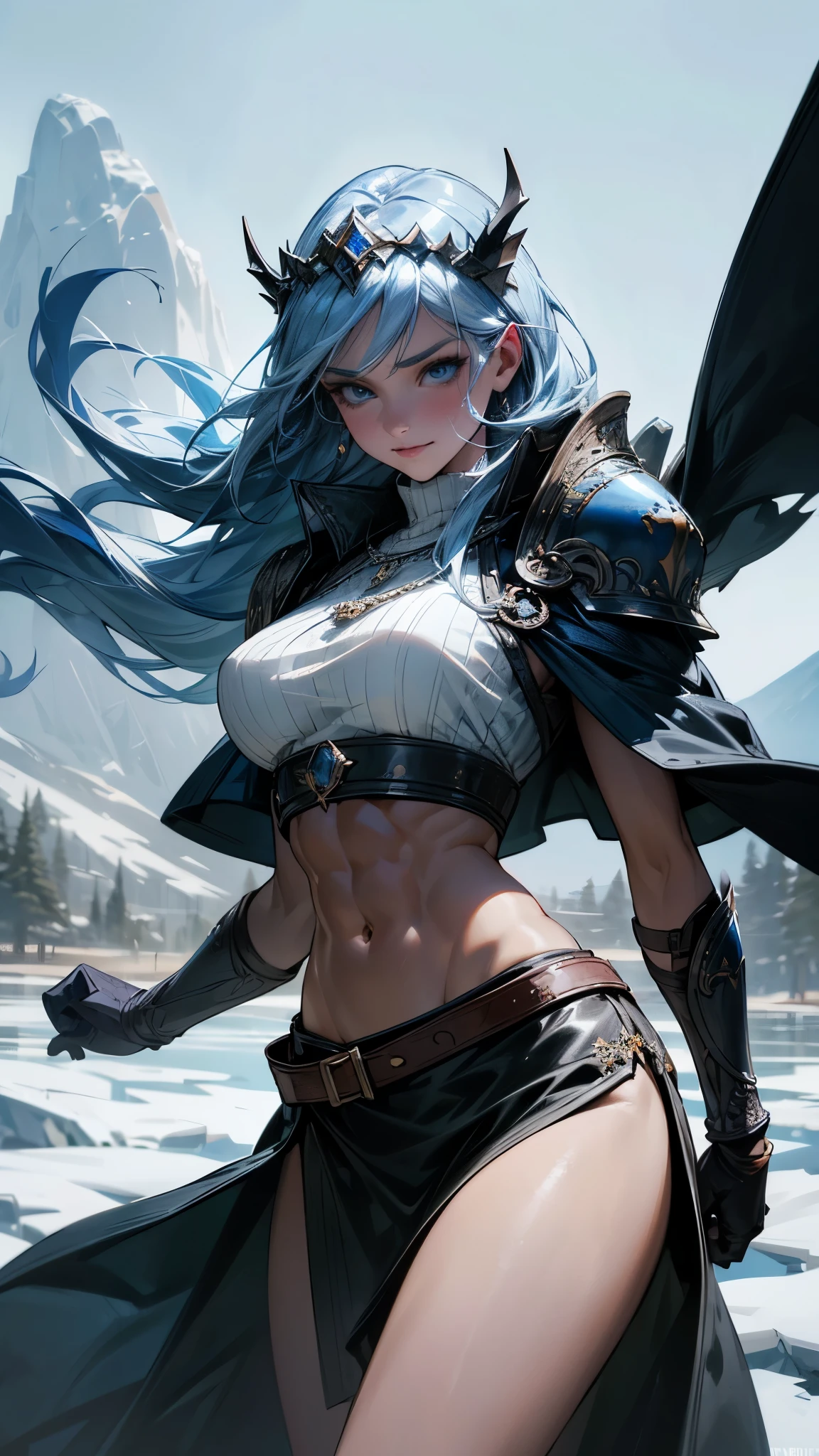 a photorealistic portrait of a viking beauty walking on the ice, (best quality,4k,8k,highres,masterpiece:1.2),ultra-detailed,(realistic,photorealistic,photo-realistic:1.37),viking girl,blue eyes,long white hair,beautiful detailed eyes,beautiful detailed lips,extremely detailed eyes and face,long eyelashes,strength and determination,strong female character,adorned with intricate pendants and stitch work,in a fierce pose,background of a majestic Nordic landscape,sharp focus,physically-based rendering,professional,vivid colors,portrait,cool color tones,(soft diffused lighting), dynamic pose, beautiful mountains, gorgeeous landscape, field, snow, snow flokes, icebergs, lake, iced lake BREAK she has majestic straight hair on the wind, mature woman, (wearing a flower crown:1),(she is wearing a leather armor, leather), (blue cape, blue cloak in the wind), hyperdetailed, dramatic lighting, detailed shading, BREAK (perfect face:1), expressive eyes, epressive girl, confidend body language, (viking clothes, belts, beautiful smile), bracelets, (((strong abdomen, sensual abs, dedfined abs, strong body)))