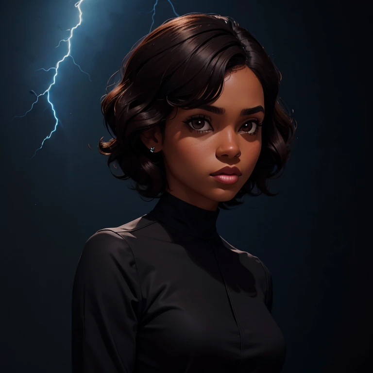 Young adult black woman, dark brown hair, short curled hair, and a black long-sleeved high-neck blouse written , She is facing the camera looking to the side, black image background and lightning blue