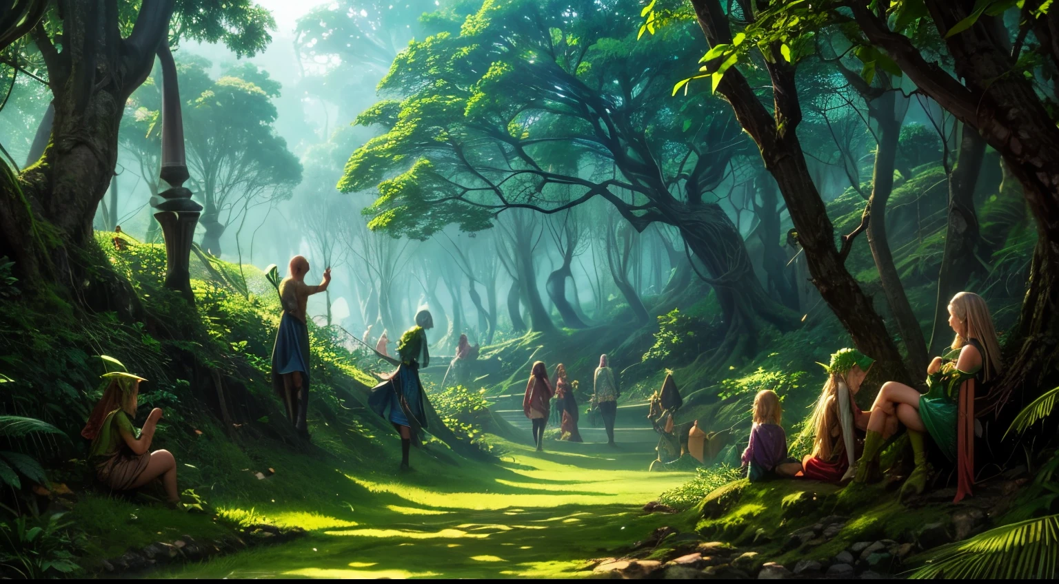 Magical jungle full of ((Magical elven creatures)) running between the dense trees,  Feliz paleta de cores, sonhadores, intrincado, Altamente detalhado. Light filtered by trees.