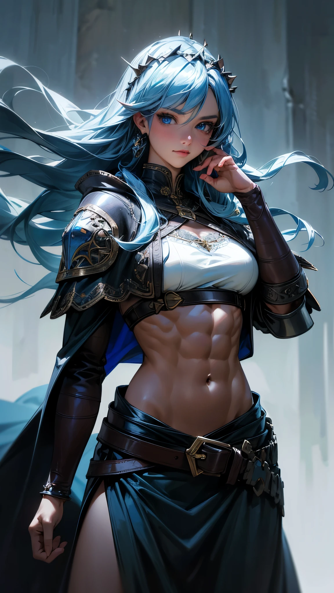 a photorealistic portrait of a viking beauty on top of a cliff, (best quality,4k,8k,highres,masterpiece:1.2),ultra-detailed,(realistic,photorealistic,photo-realistic:1.37),viking girl,blue eyes,long white hair,beautiful detailed eyes,beautiful detailed lips,extremely detailed eyes and face,long eyelashes,strength and determination,strong female character,adorned with intricate pendants and stitch work,in a fierce pose,background of a majestic Nordic landscape,sharp focus,physically-based rendering,professional,vivid colors,portrait,cool color tones,(soft diffused lighting), dynamic pose, BREAK she has majestic straight hair on the wind, mature woman, (wearing a flower crown:1),(she is wearing a leather armor, leather), (blue cape, blue cloak in the wind), hyperdetailed, dramatic lighting, detailed shading, BREAK (perfect face:1), expressive eyes, epressive girl, confidend body language, (viking clothes, belts, beautiful smile), bracelets, (((strong abdomen, sensual abs, dedfined abs, strong body)))