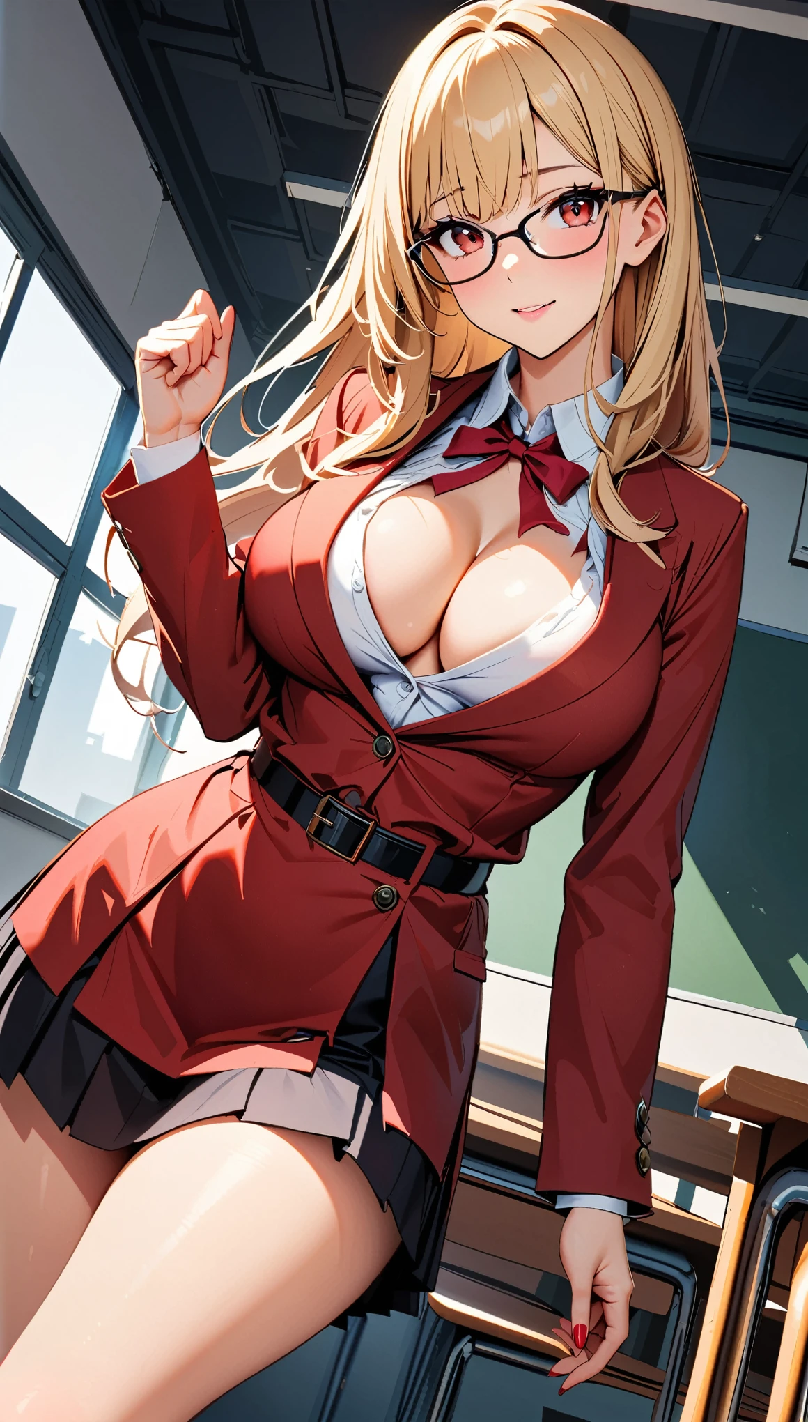 (highest quality: 1.2, Highly detailed, Latest, Vibrant, Super detail, Ultra-high resolution, High contrast, masterpiece: 1.2, highest quality, Best aesthetics, aya:0.9), alone, (1 woman), /( teacher/ ), (teacher), long hair, blonde hair, (red eyes: 1.3), long hair with brown highlights, thighs, skirt, sexy, cleavage, painted nails, belt, thighs with tights, glasses, classroom, shake hands welcome, pink lips, heels, red dress, sexy thigh, detailed leg, dynamic angle, random pause, highly detailed face and skin texture, cowboy shot,