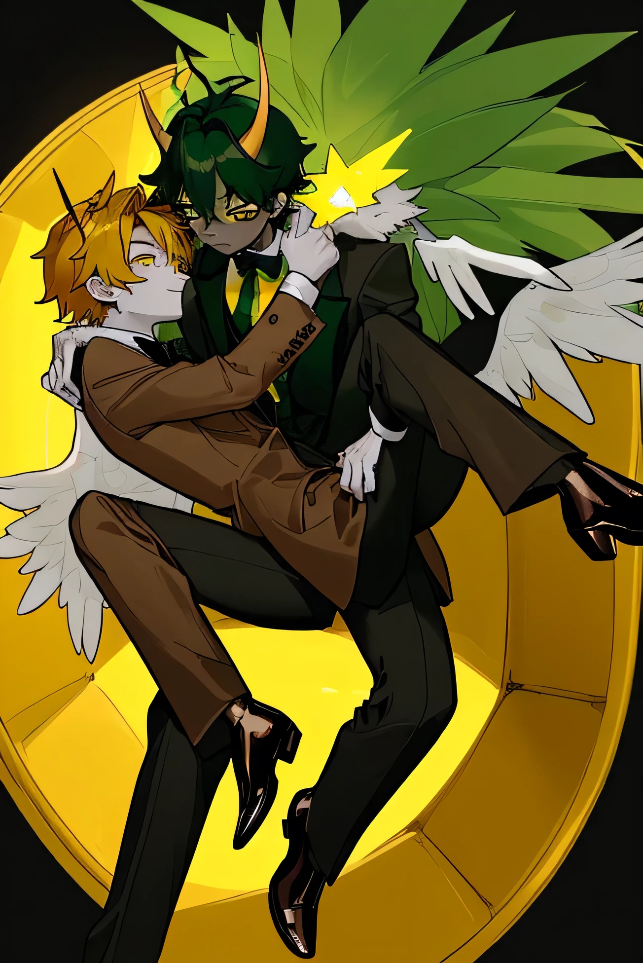 two,((2 boys)) chibi boys couple
1the first one:, the first boy have a ((white skin)), with ((black, Korean)) hair, and ((green horns)), and ((green eyes)), and ((wearing a black suite)) ((business man suite)), and he holding his angel's boyfriend((holding him up romanticly way)) his boyfriend,
the second one:((he is an angel)),((with black skin)), and ((yellow hair)), and ((yellow eyes)), and ((wearing a brown jacket,with fur,)) and wearing a ((krystal star around his nick)) ((and brown boat))